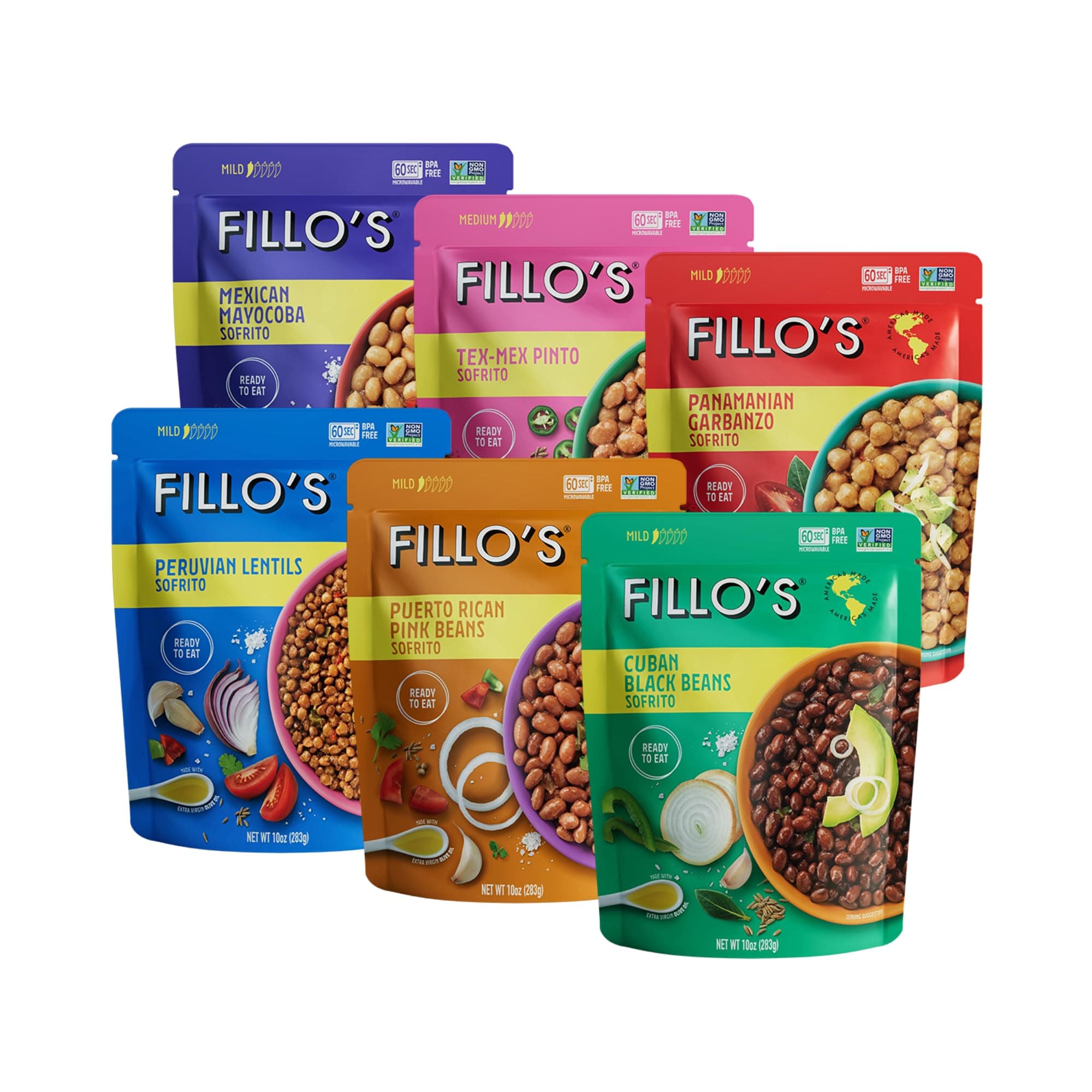 Fillo's Ready to Eat Beans & Lentils Variety Pack | Black Beans, Lentils, Pinto Beans, Mayocoba Beans | Gluten-Free, Preservative-Free, Microwavable Meals, Non-GMO, Vegan, Plant Protein, 10 oz Pk of 6