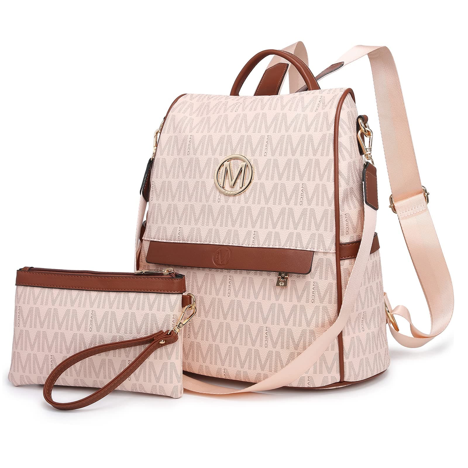 MKP Women Fashion Backpack Purse Multi Pockets Signature Anti-Theft Rucksack Travel Ladies Shoulder Bag Handbag 2Pcs