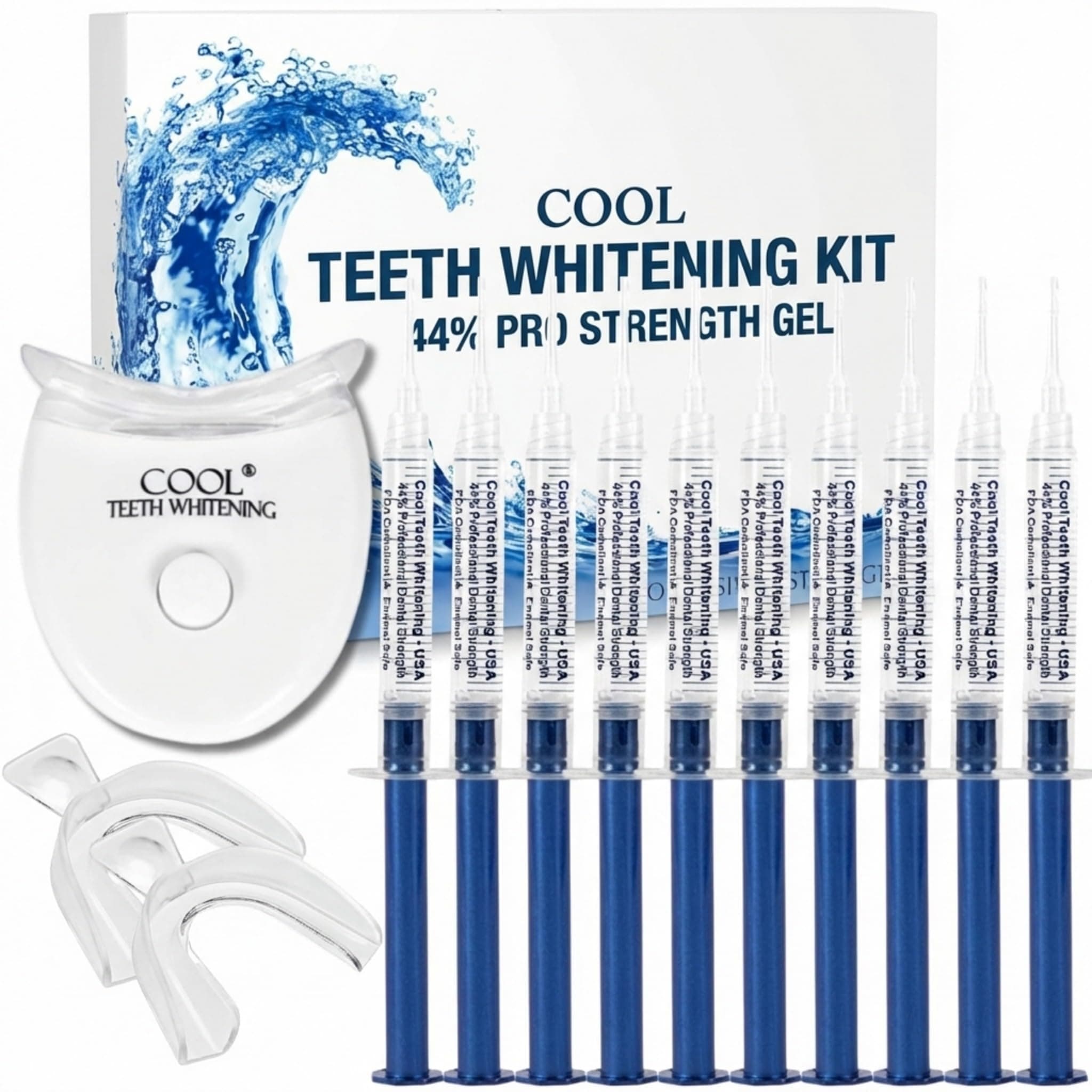 Teeth Whitening Kit with LED Light 44% Carbamide Peroxide 10 Syringes & Moldable Trays 60 Applications Vegan, Enamel Safe, Alcohol Free Formula