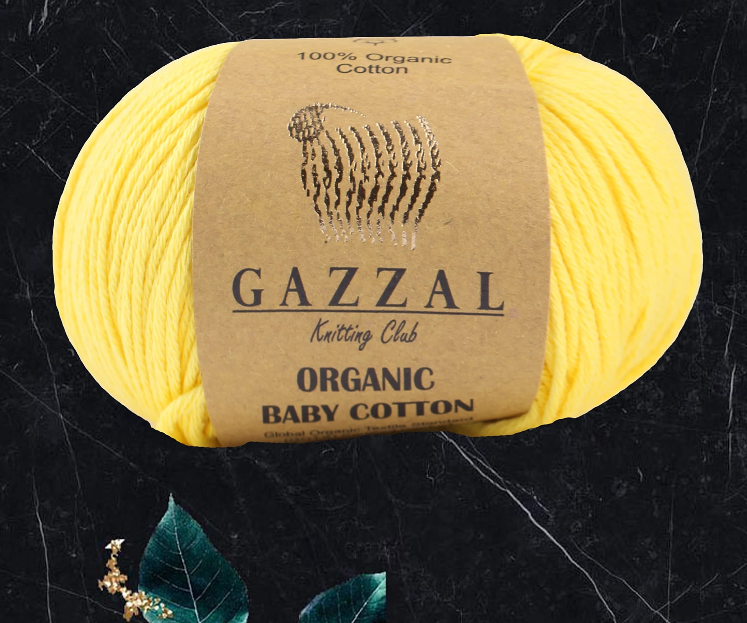 3 Ball (Pack) Gazzal Organic Baby Cotton Yarn, Total 5.28 Oz.100% Organic Cotton, Each 1.76 Oz (50g) / 125 Yrds (115 m), 3 Light DK, Global Organic Textile Standard Certified (Yellow - 420, 3 Pack)