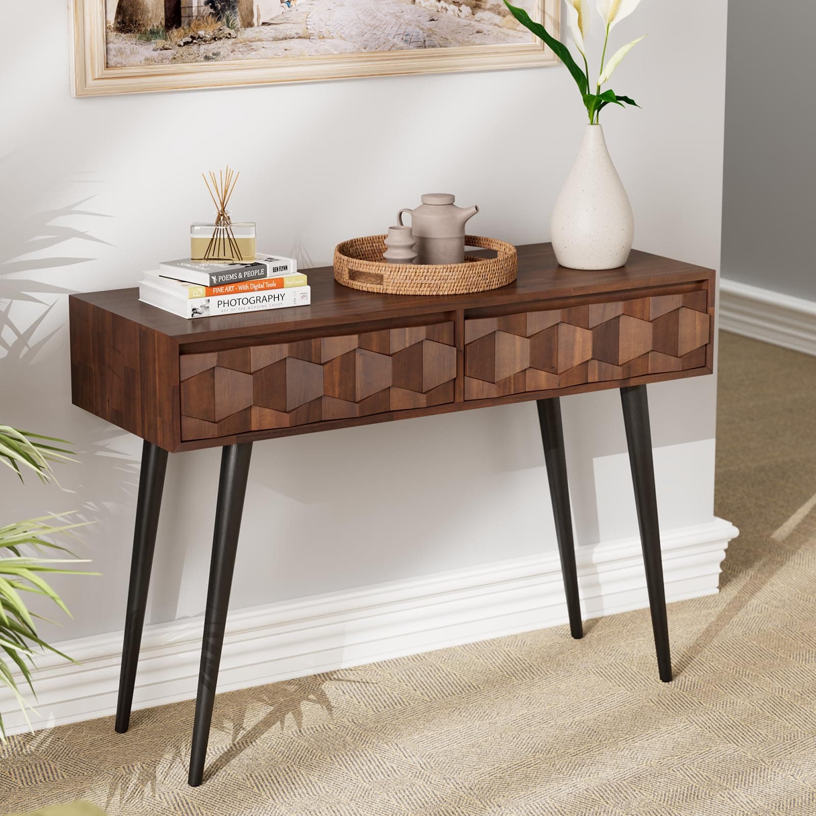Console Modern Mid-Century 2 Drawers, Unique Geometric Design Sofa Table for Entryway, Hallway, Living Room, Walnut