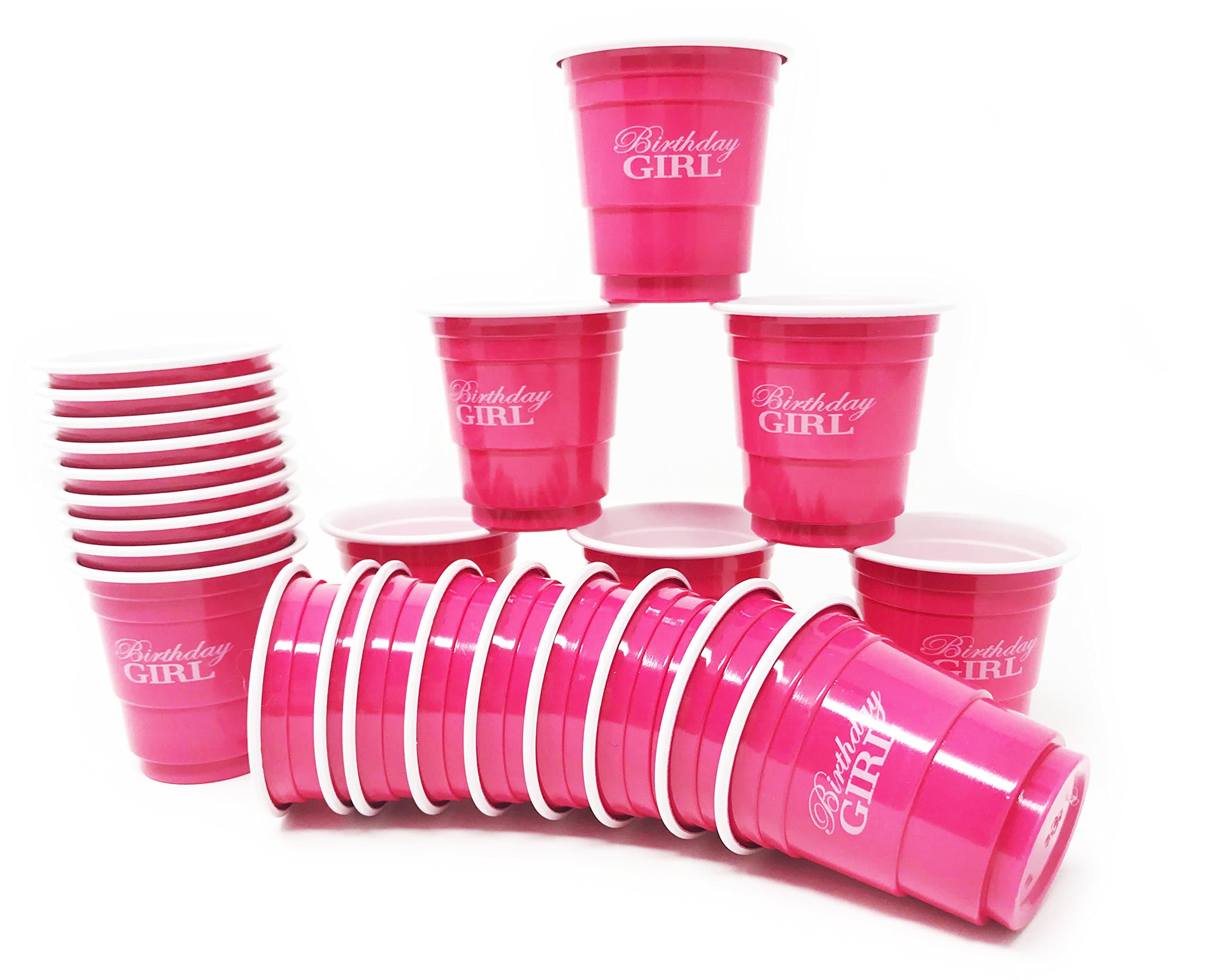 24ct Mini Pink Birthday Girl Cups 2oz Plastic Disposable Shot Glasses Party Shooter Beer Pong Jello, Pink