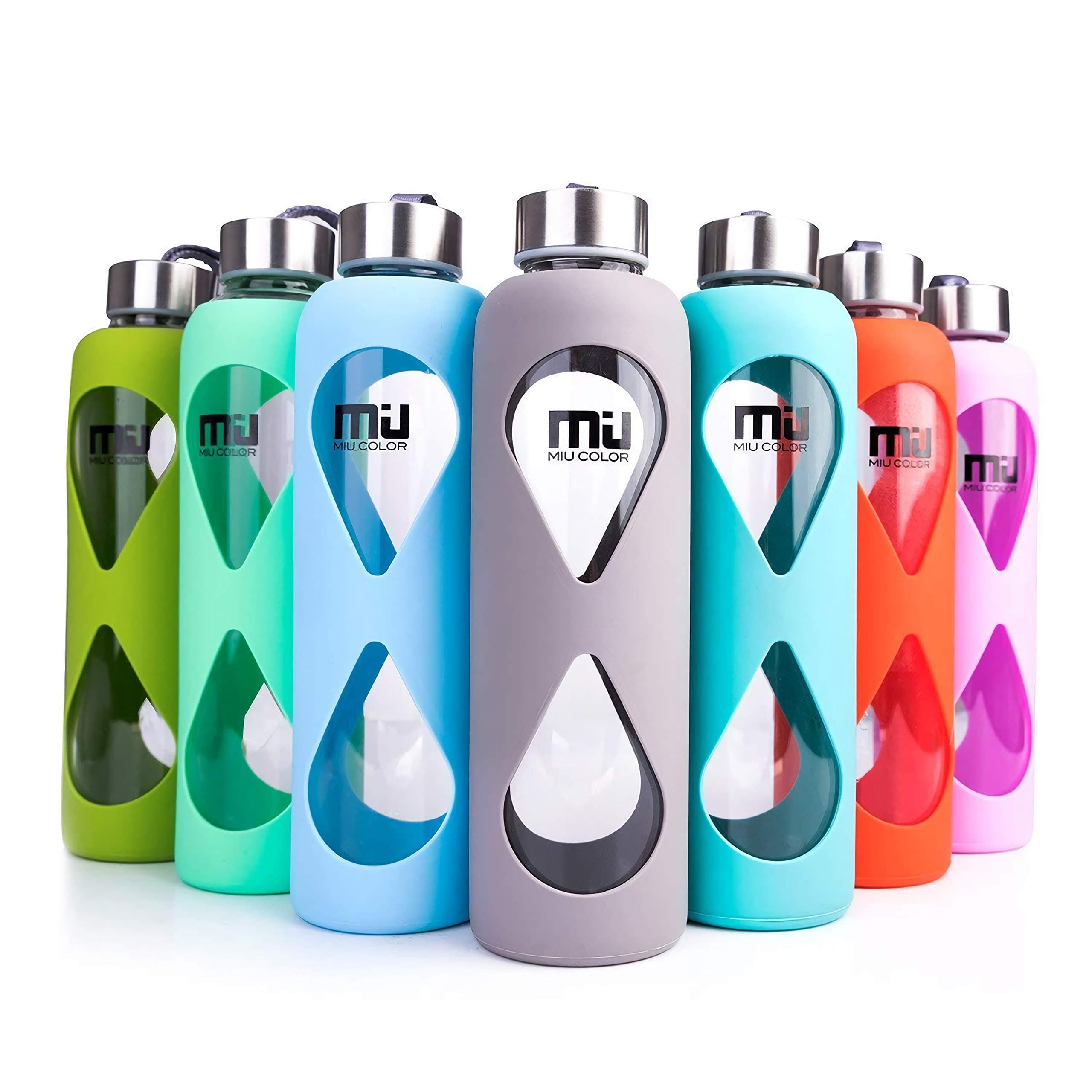 MIU COLOR Glass Water Bottle 550ml with Anti-slip Silicone Sleeve, Leak Proof Borosilicate BPA-Free Eco-Friendly Hot Cold Drink Flask, Ideal for School Home Office Travel Sports Yoga Gym, Lake Blue