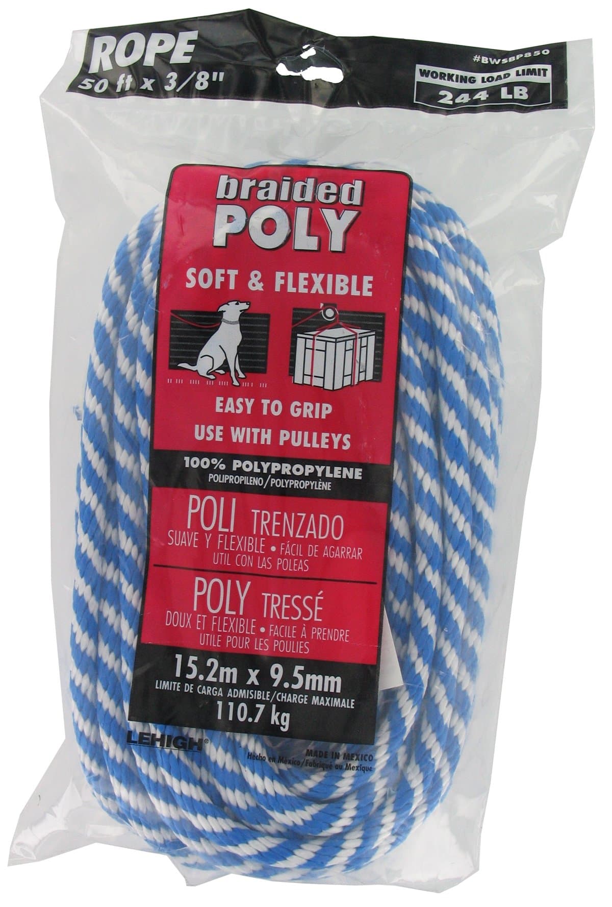 Lehigh BWSBP850W-P 3/8-Inch by 50-Feet Polypropylene Solid Braided Rope, Blue/White