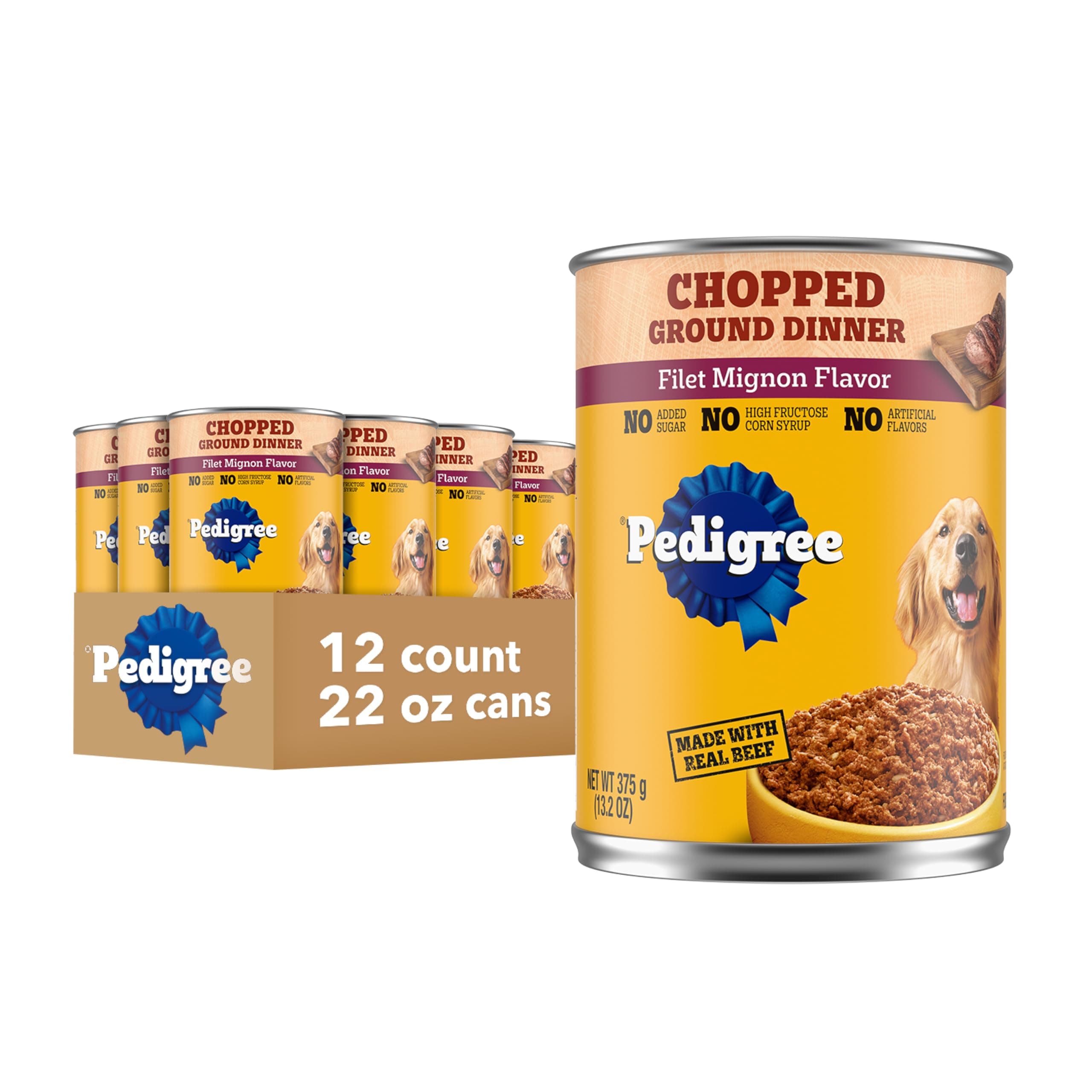 Pedigree Chopped Ground Dinner Adult Soft Wet Dog Food with Filet Mignon Dinner, Canned Dog Food, 13.2 oz. Cans, 12 Count