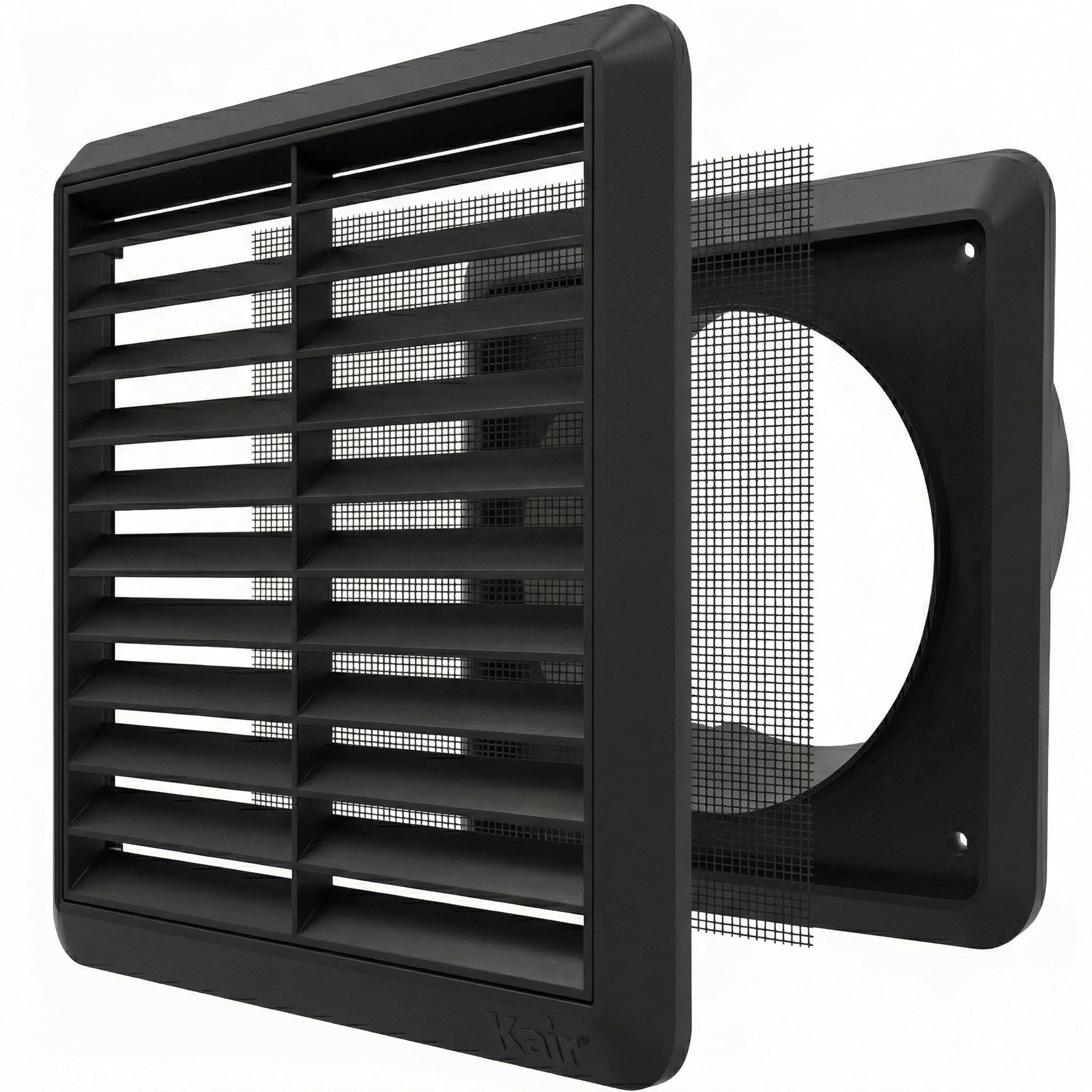Black 100mm Louvred Wall Vent Grille with Flyscreen - 99.5mm / 4 Inch Round Rear Spigot & 155mm Front Cover