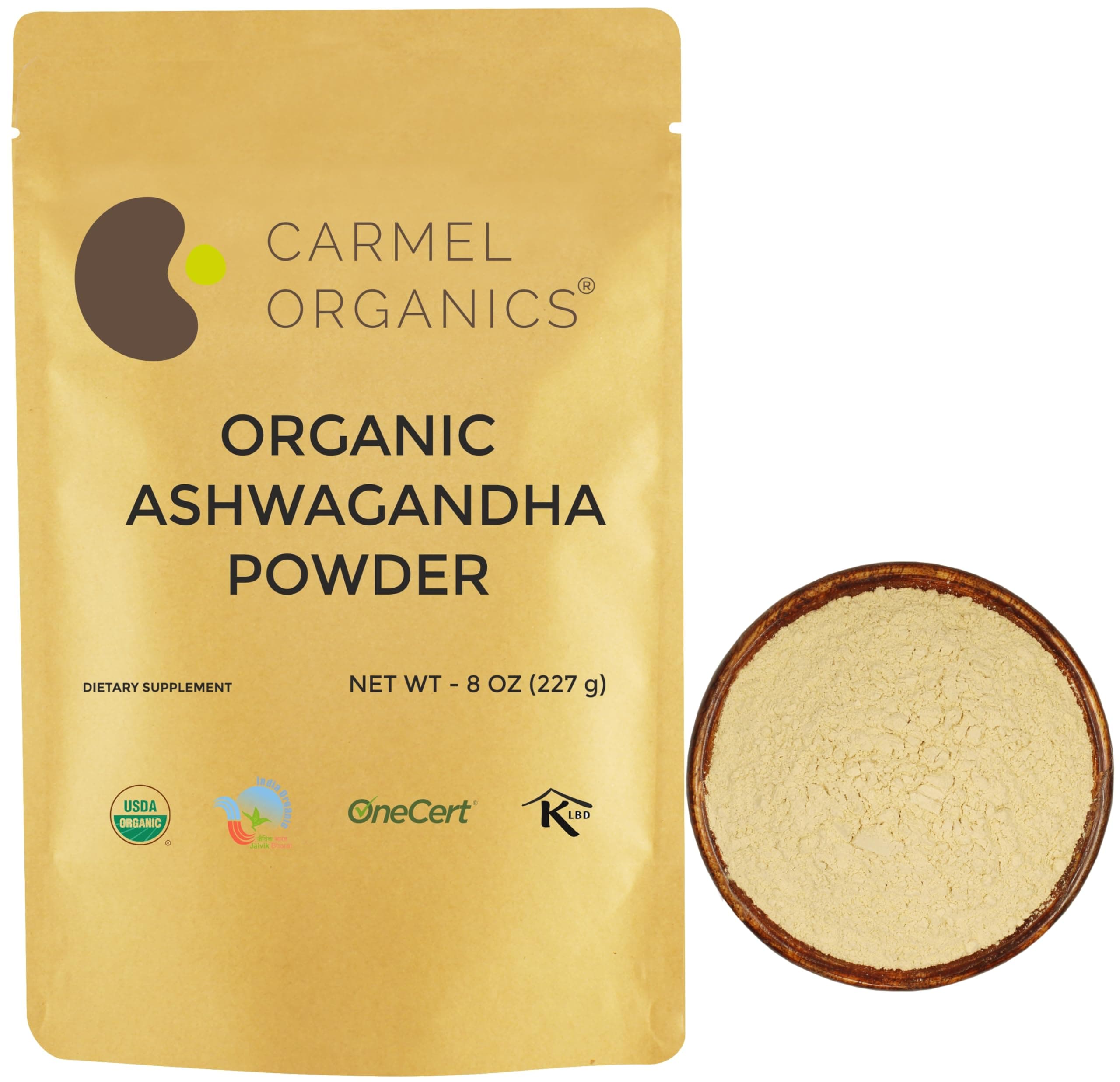 CARMEL ORGANICS Ashwagandha Root Powder (227 Grams)|Jaivik Bharat Certified|Pure|Natural|Helps Fight Anxiety & Stress|Ashwagandha Podi/Amukkara Kizhangu/Asvagandha Churna