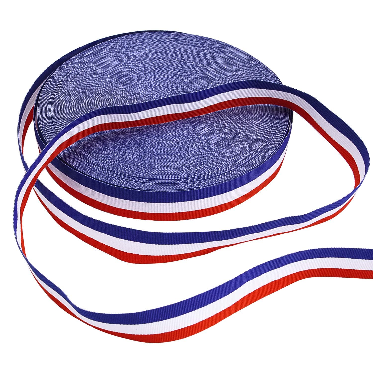 Stripes Fabric Grosgrain Ribbon for Badge Medal Patriotic and Gift Wrapping, 1 Inch, 50 Yard (Blue/Red/White)