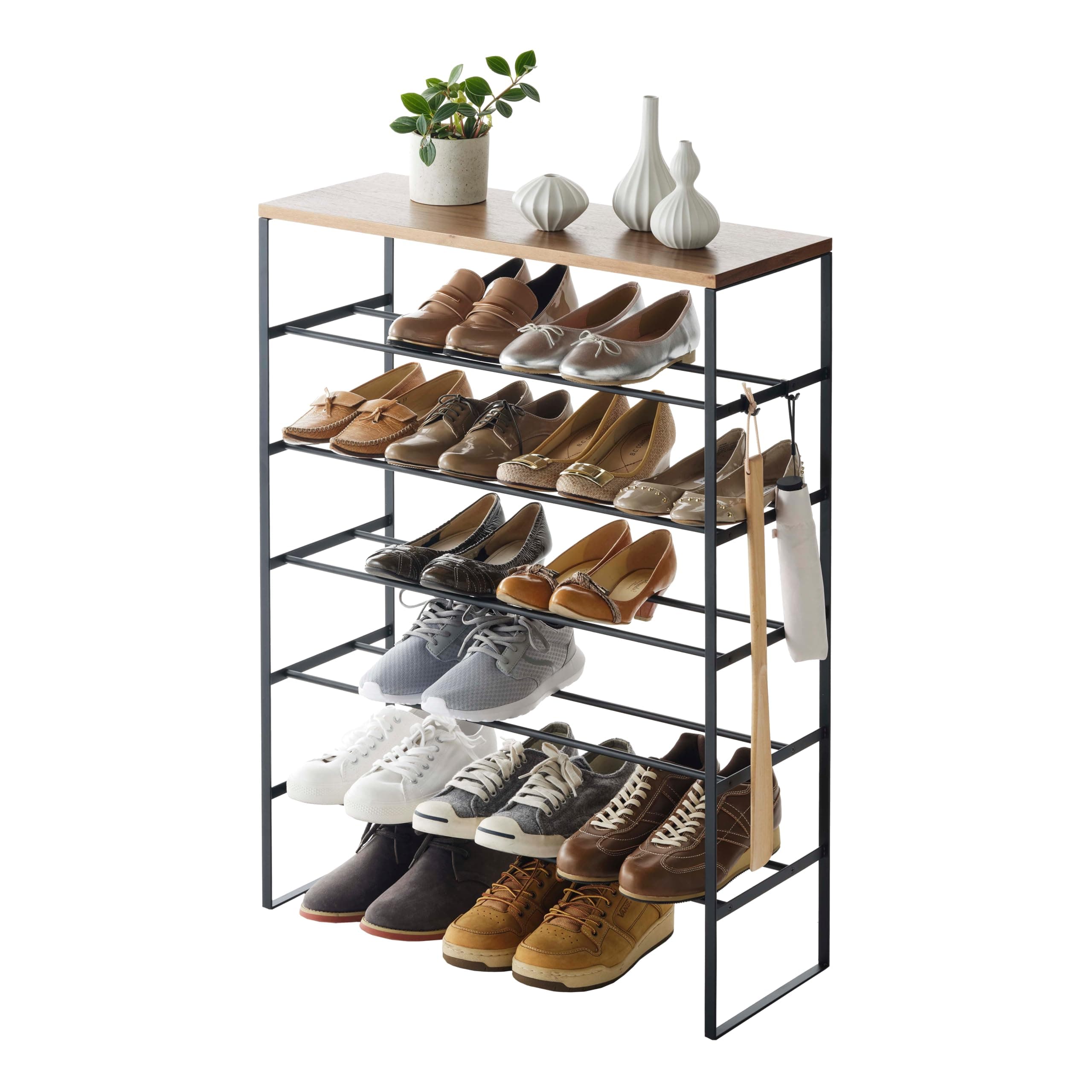 Home Six-Tier Shoe Organizer – Tall Slim Shoe Rack for Entryway Or Closet, Narrow Metal Shoe Storage with Wooden Top, Steel, Black, Easy Assembly, 34" - Steel - Holds 18 to 21 Shoes