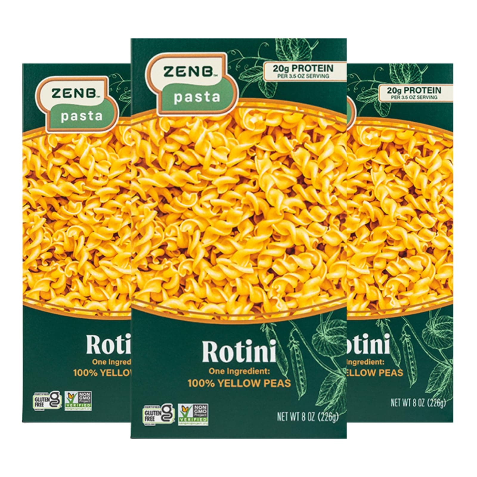 ZENB Plant Based Rotini Pasta - Made From 100% Yellow Peas, Gluten Free, Non-GMO & Vegan, 20g of Protein & 12g of Fiber In Every Serving - (Pack of 3)