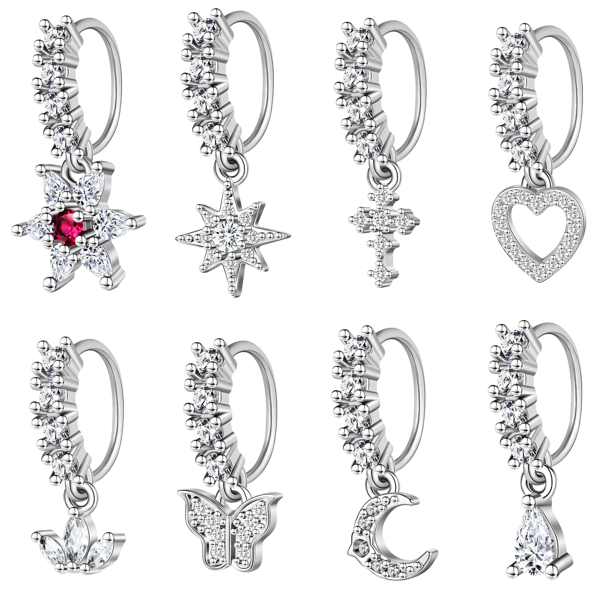 6ixGoshDangle Nose Rings Hoop for Women Septum Nose Piercing Jewelry Cartilage Earring CZ Flower Leaf Star Butterfly Daith Tragus Helix Lip Piercing, Silver Gold Rose Gold