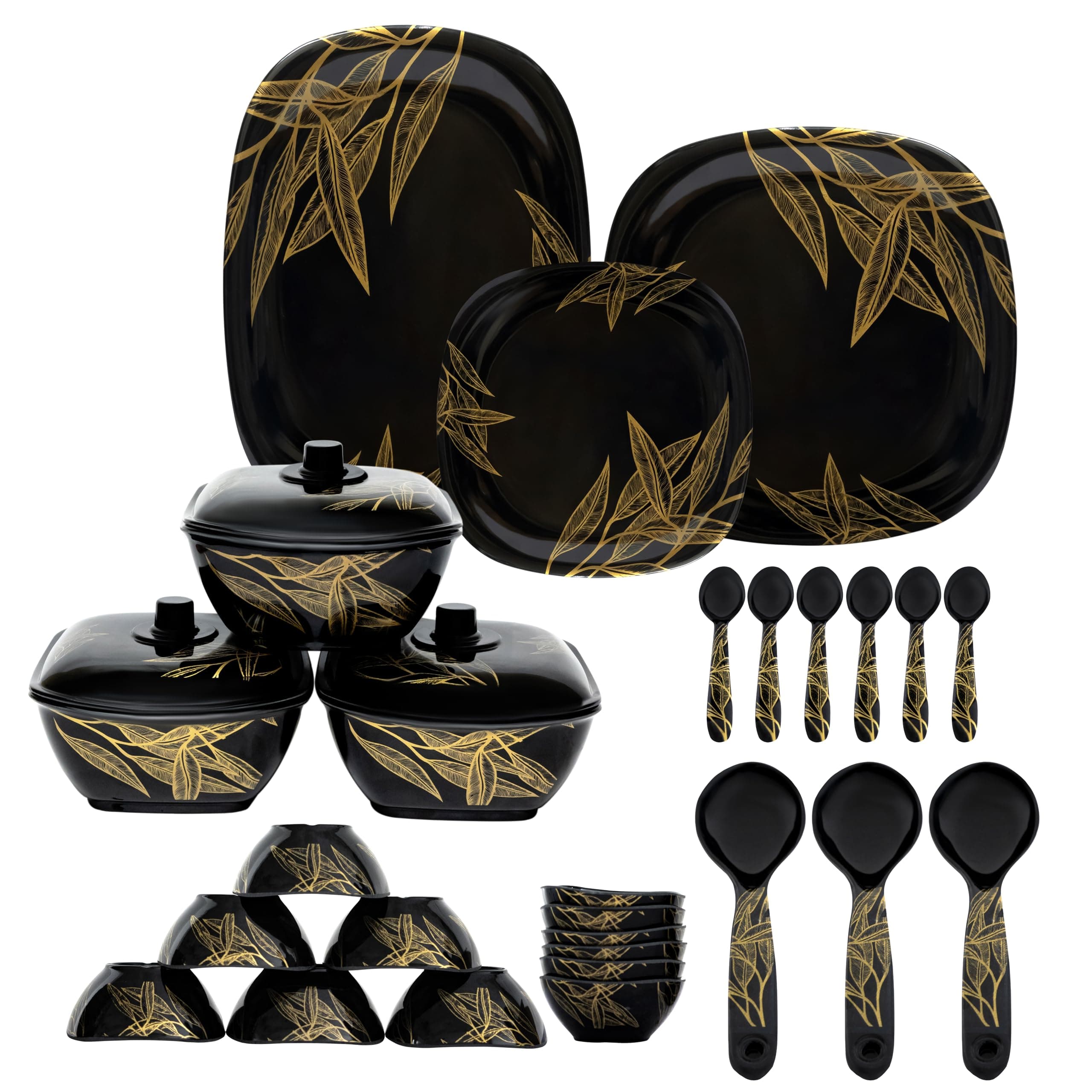 Melamine Dinner Set Pack 40 Pieces - Square Shaped, Black with Golden Print