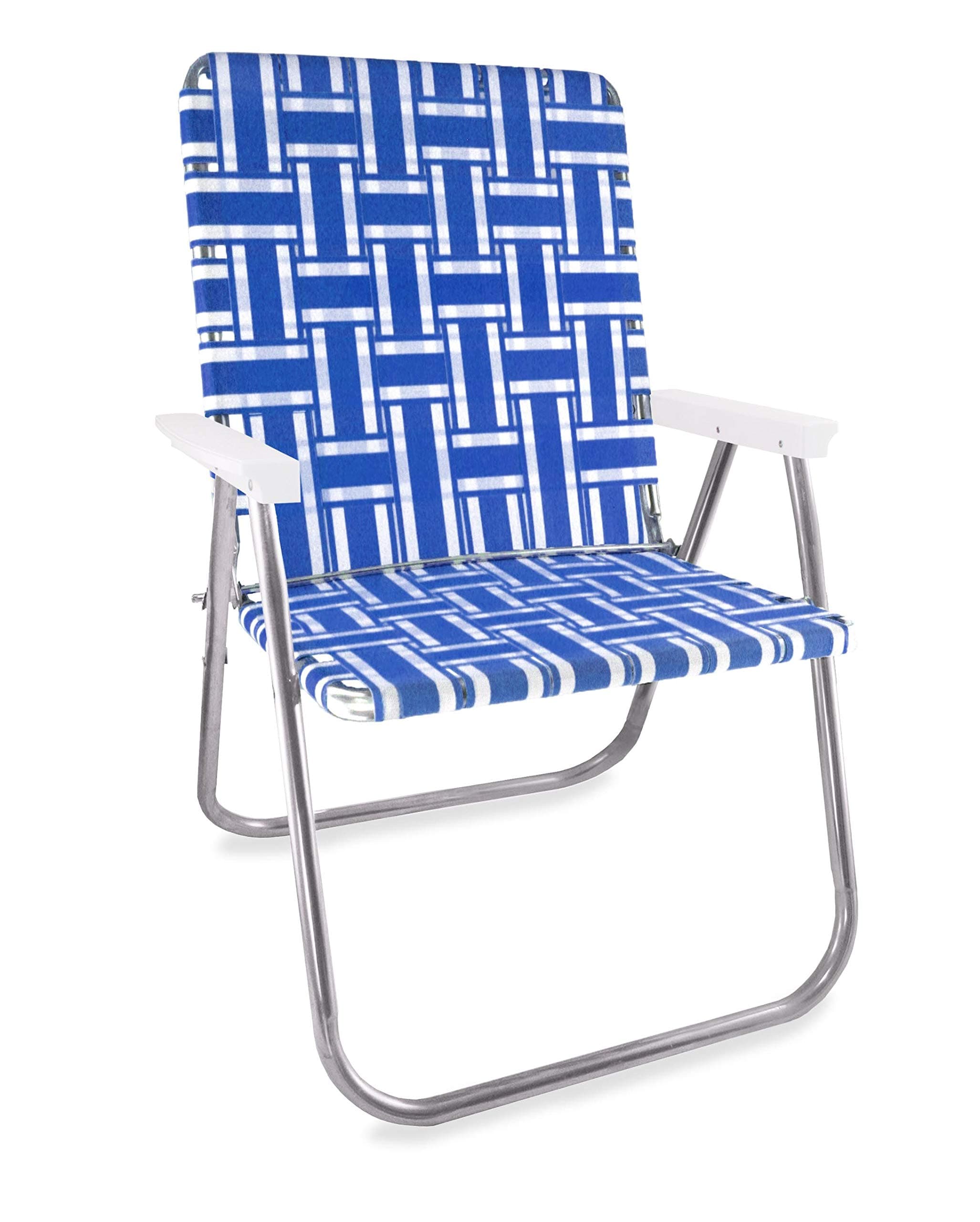 Lawn Chair USA Folding Aluminum Outdoor Patio Lawn Chair | Heavy-Duty Webbed Chairs for Camping, Sports, Beach, Yard & Tailgating | Lightweight Portable | Magnum - Blue and White with White Arms