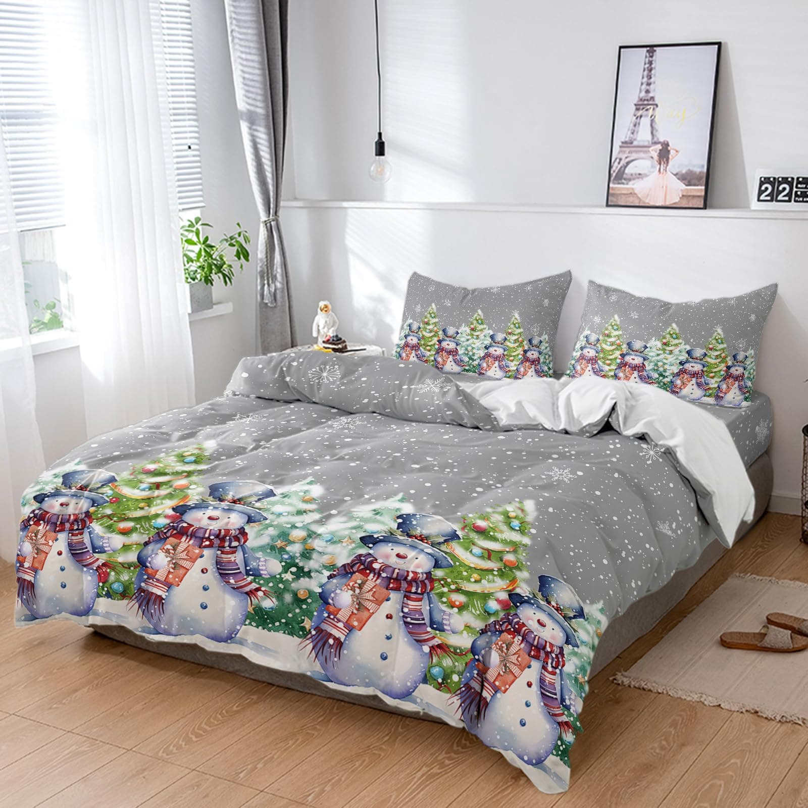 Snowman Merry Christmas Winter Snowflakes Duvet Cover Sets 4 Piece Twin Ultra Soft Bed Quilt Cover Set for Kids/Teens/Women/Men,Xmas Tree Gray Bedding Collection All Season Use