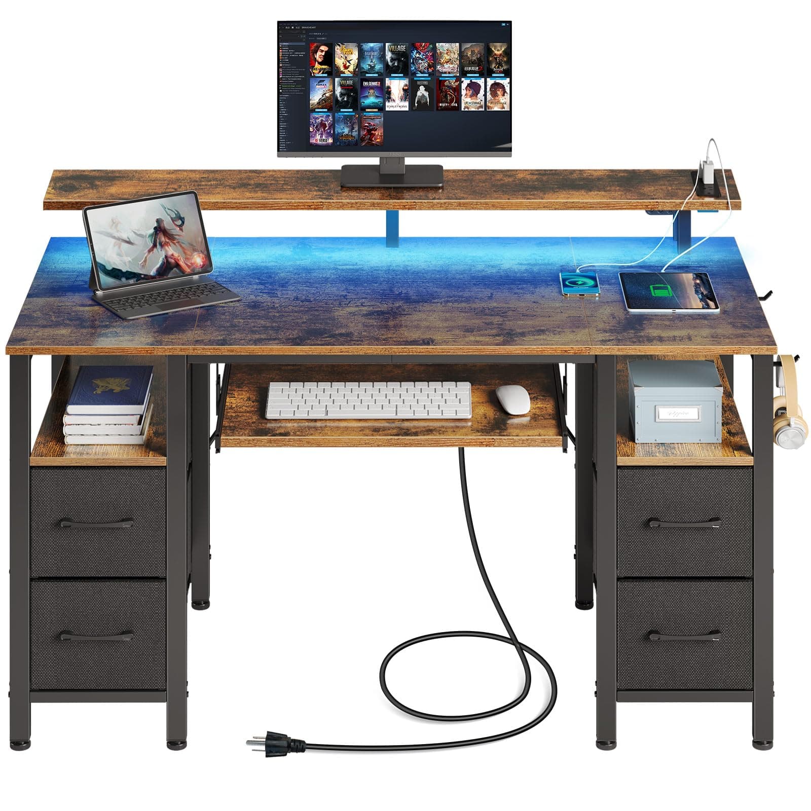 Seventable Computer Desk 47.2" with LED Lights & Power Outlets, Home Office Desk with 4 Drawers, Writing Desk with Keyboard Tray, Study Desk with Monitor Stand, Work Desk for Home Office, Rustic Brown