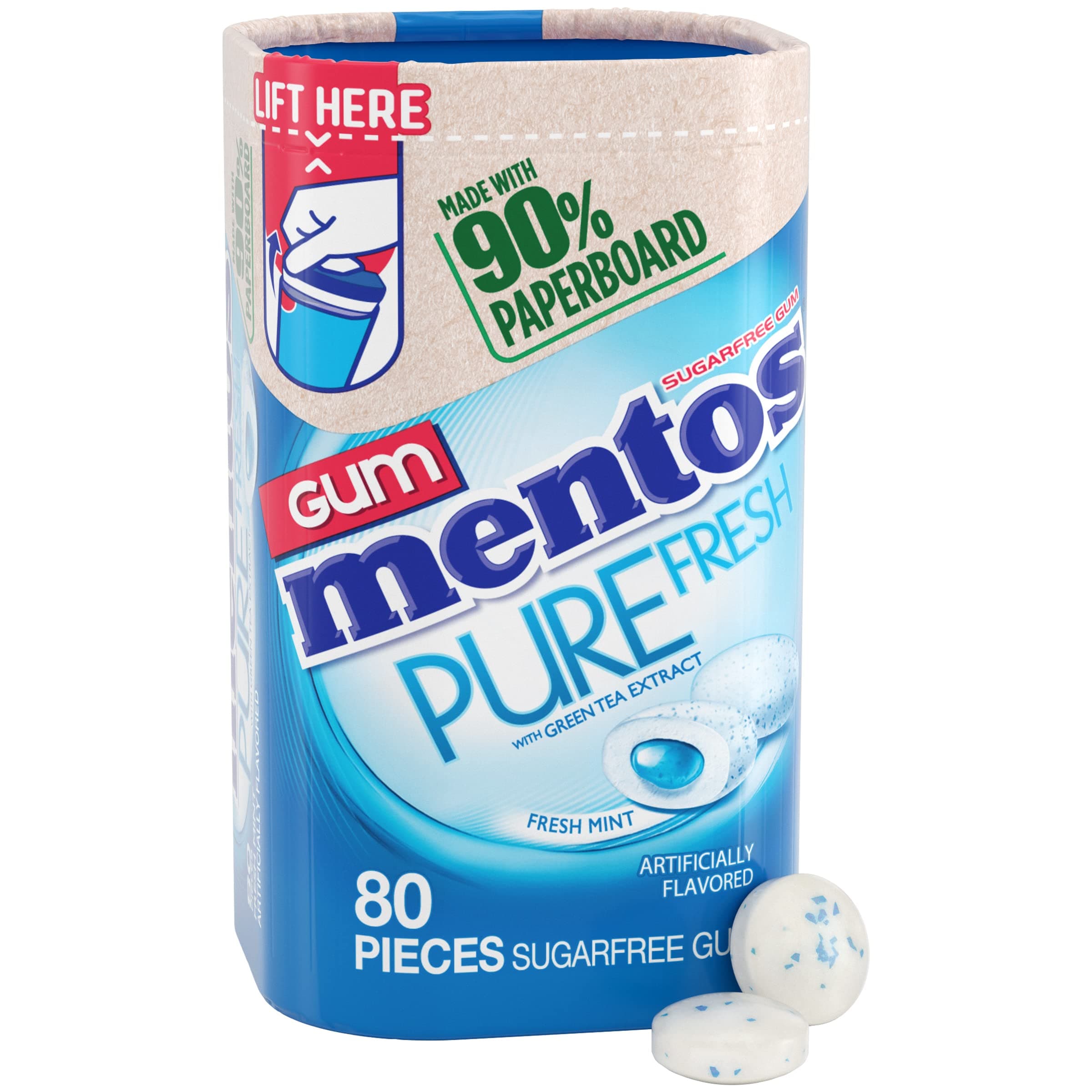 Mentos Pure Fresh Sugar-Free Chewing Gum with Xylitol, Fresh Mint Flavor, Easter Basket Essentials Stuffers for Kids and Adults, 90% Recyclable Paperboard Bottle, 80 Pieces