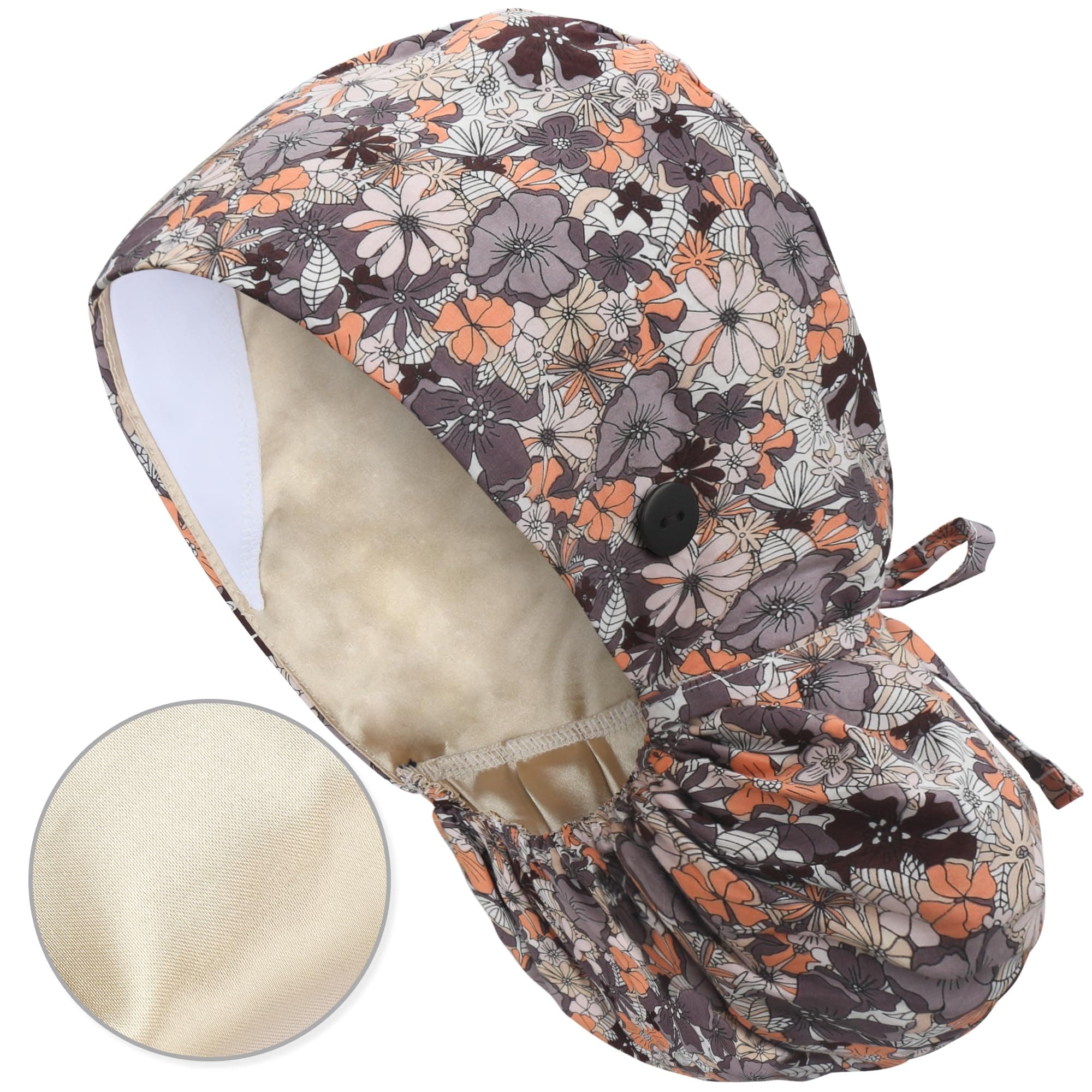 Satin-Lined Scrub Cap with with Ponytail Pocket, Cotton Scrub Medical Nurse Hat with Sweatband Elastic Tie