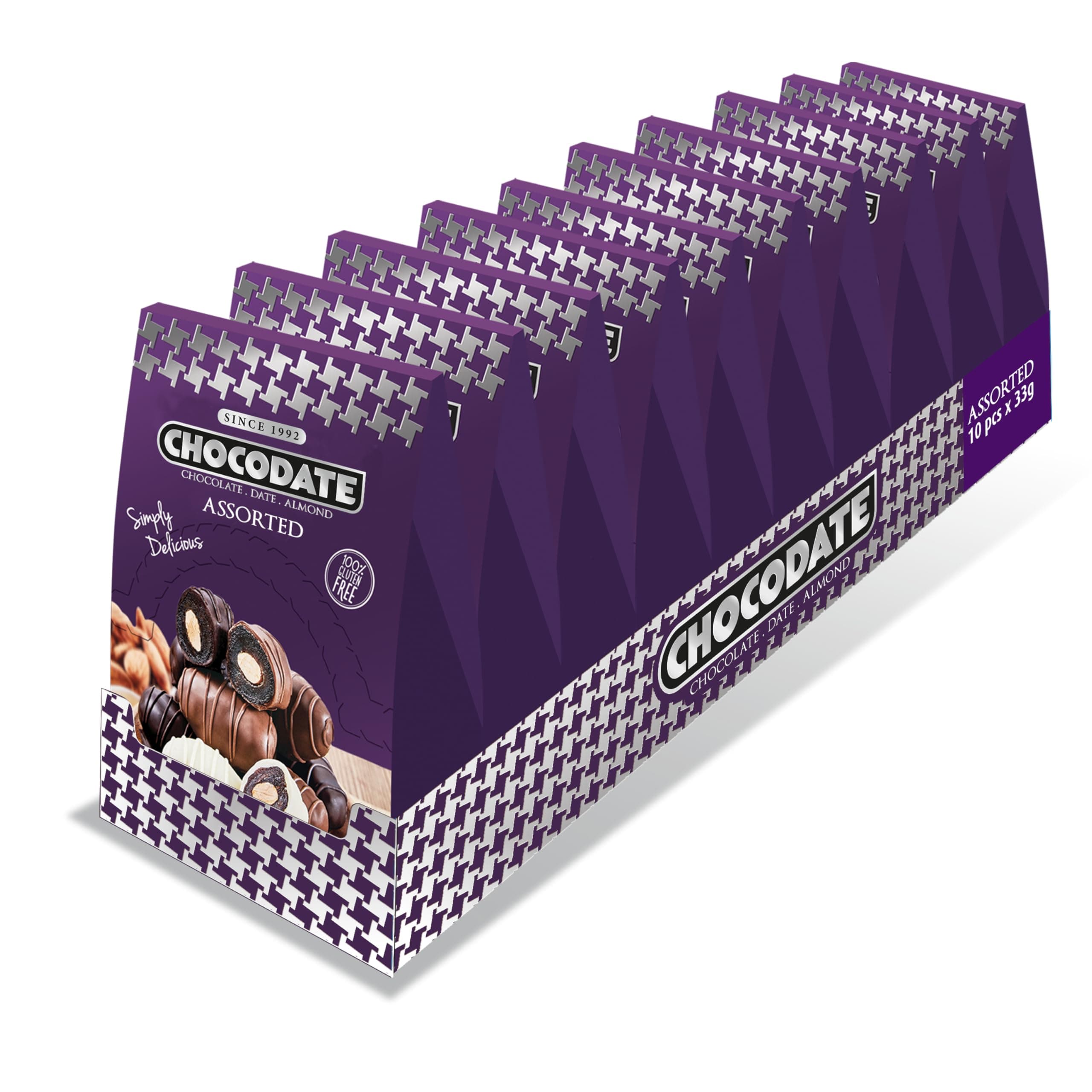 Chocodate Assorted Chocolate Coated Dates with Roasted Almonds, Bite Size Snack, Gluten-Free - 33g x 10