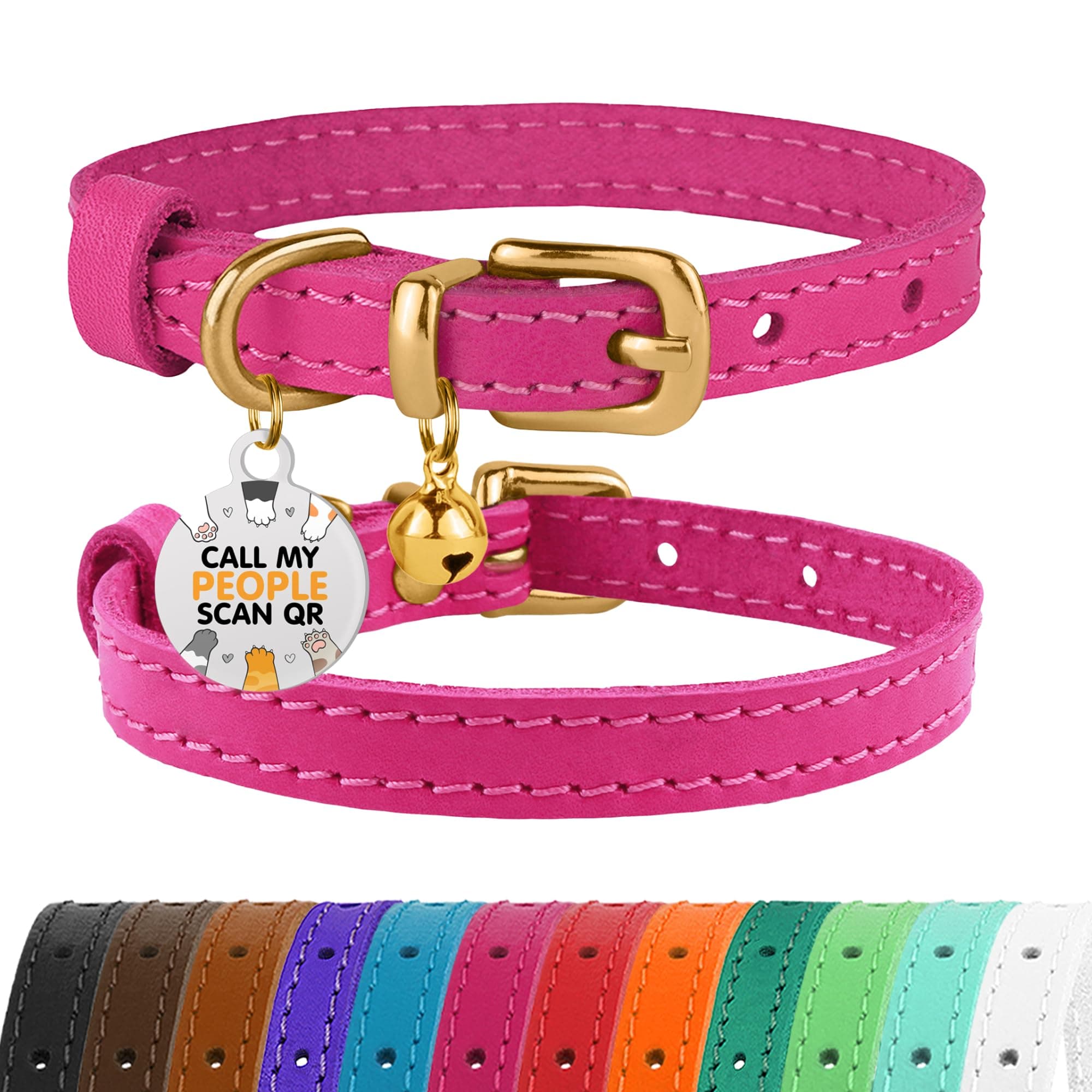 BRONZEDOG Leather Cat Collar with Removable Bells Non Breakaway Kitten QR Tag for Girl Boy (7" - 9" for Cats, Pink & Gold)