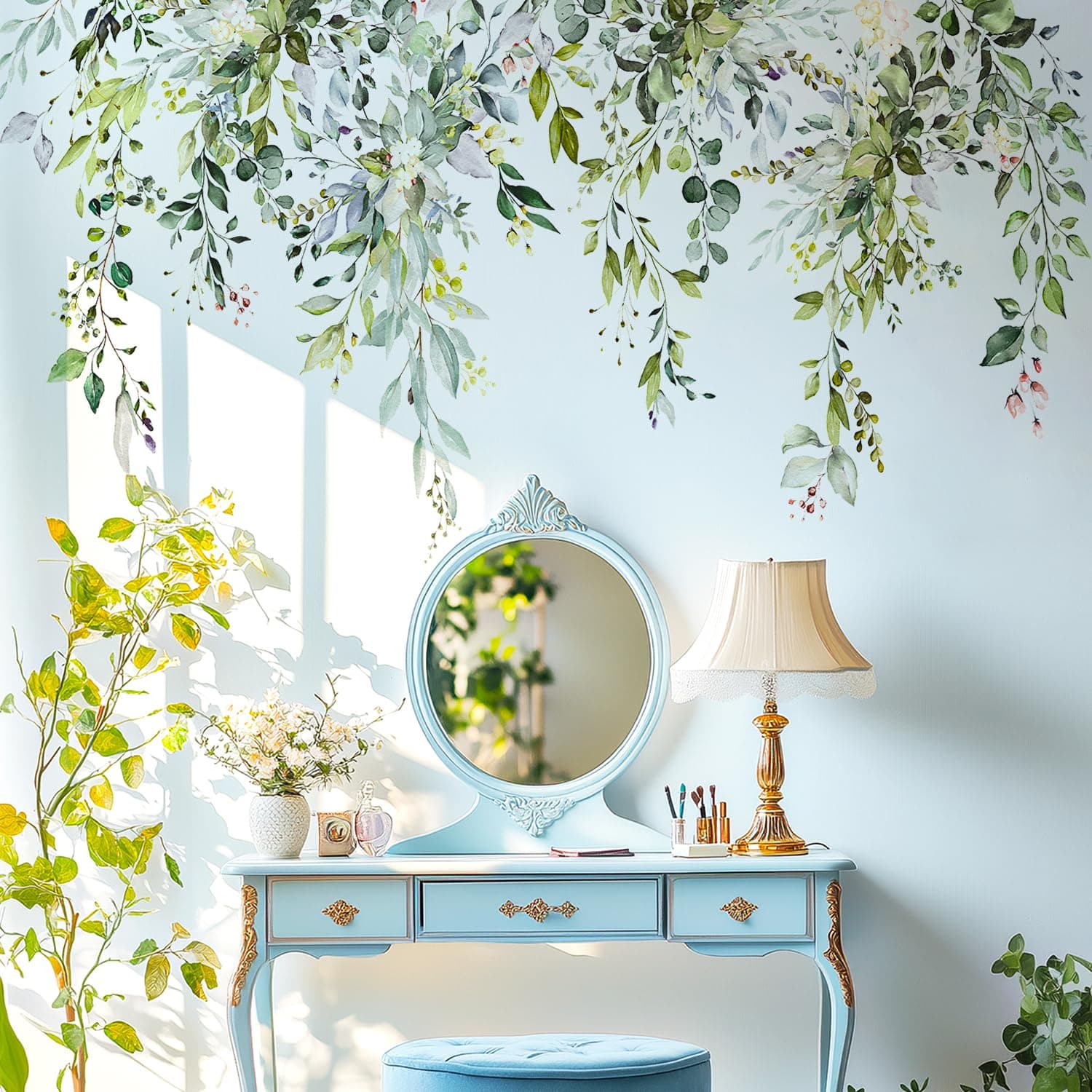 Green Plants Leaves Wall Decals Peel and Stick, Large Floral Flowers Wall Stickers, Removable Vine Home Decor Art for Bedroom Living Room Classroom Office