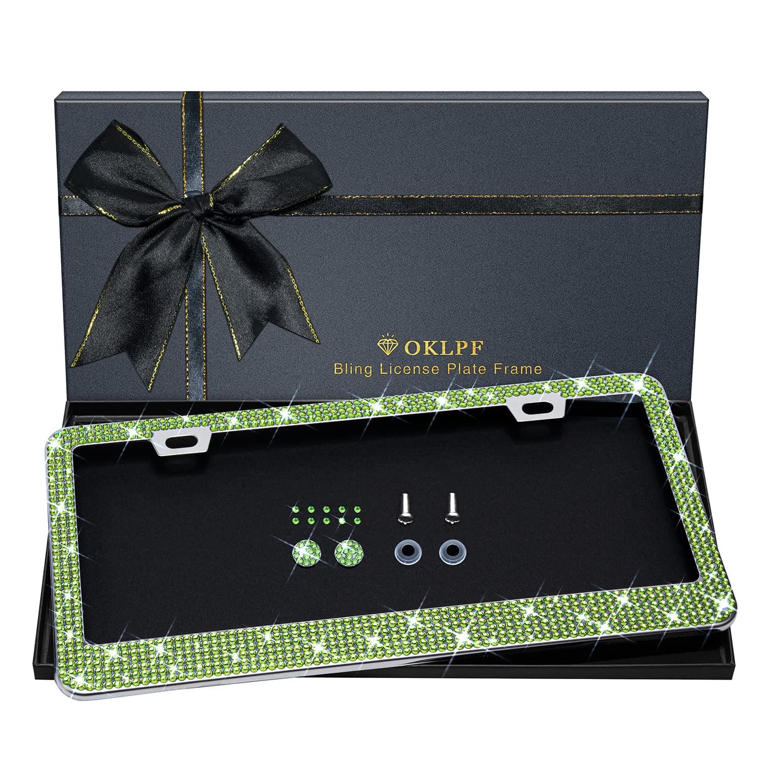 Bling License Plate Frame for Women, 1PCS Sparkly License Plate Frames| Over 1200 pcs 14 Facets Bedazzled Clear Glass Diamond Rhinestone Crystals w/Free Glitter Diamond Box (Olive Green)