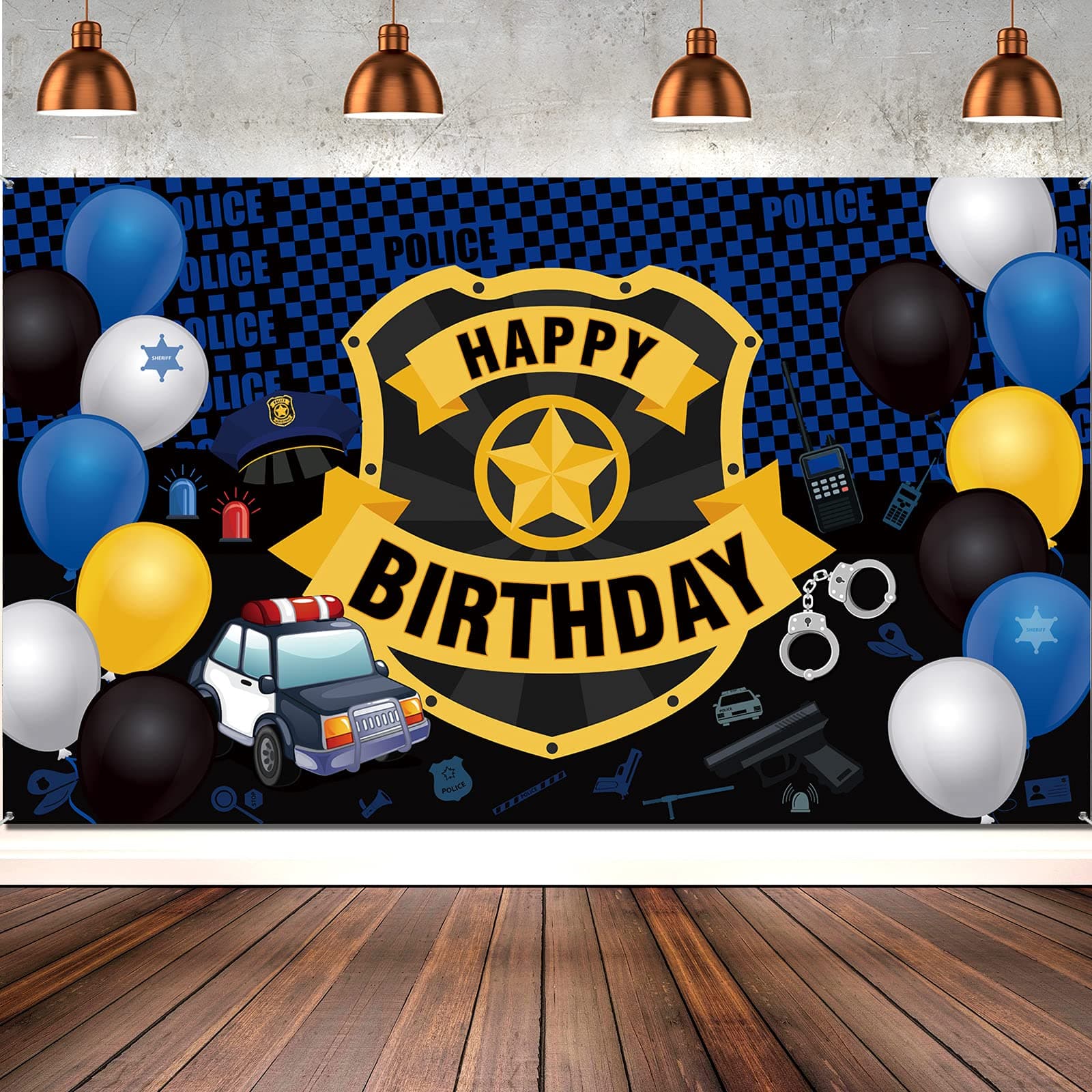 Irenare Police Happy Birthday Party Decorations Police Car Party Decor Supplies Large Badge Banner Backdrop Wall Birthday Party Wall Background Supplies Props 72. 8 x 43. 3 Inch