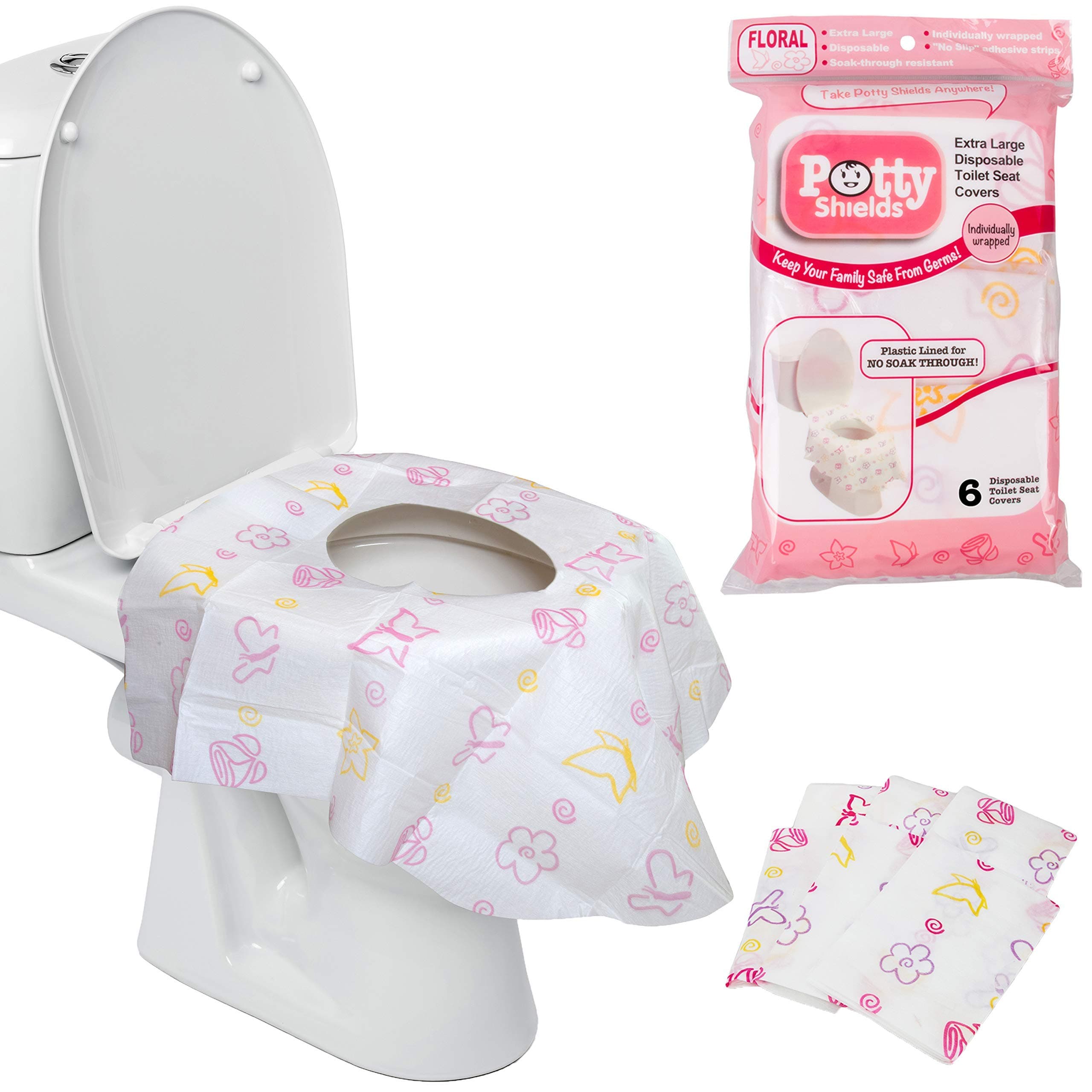 Toilet Seat Covers Disposable (6 Pack, Floral) - XL Waterproof Toilet Cover for Toddlers, Kids & Adults - Portable & Individually Wrapped for Travel, Potty Training & Public Restrooms
