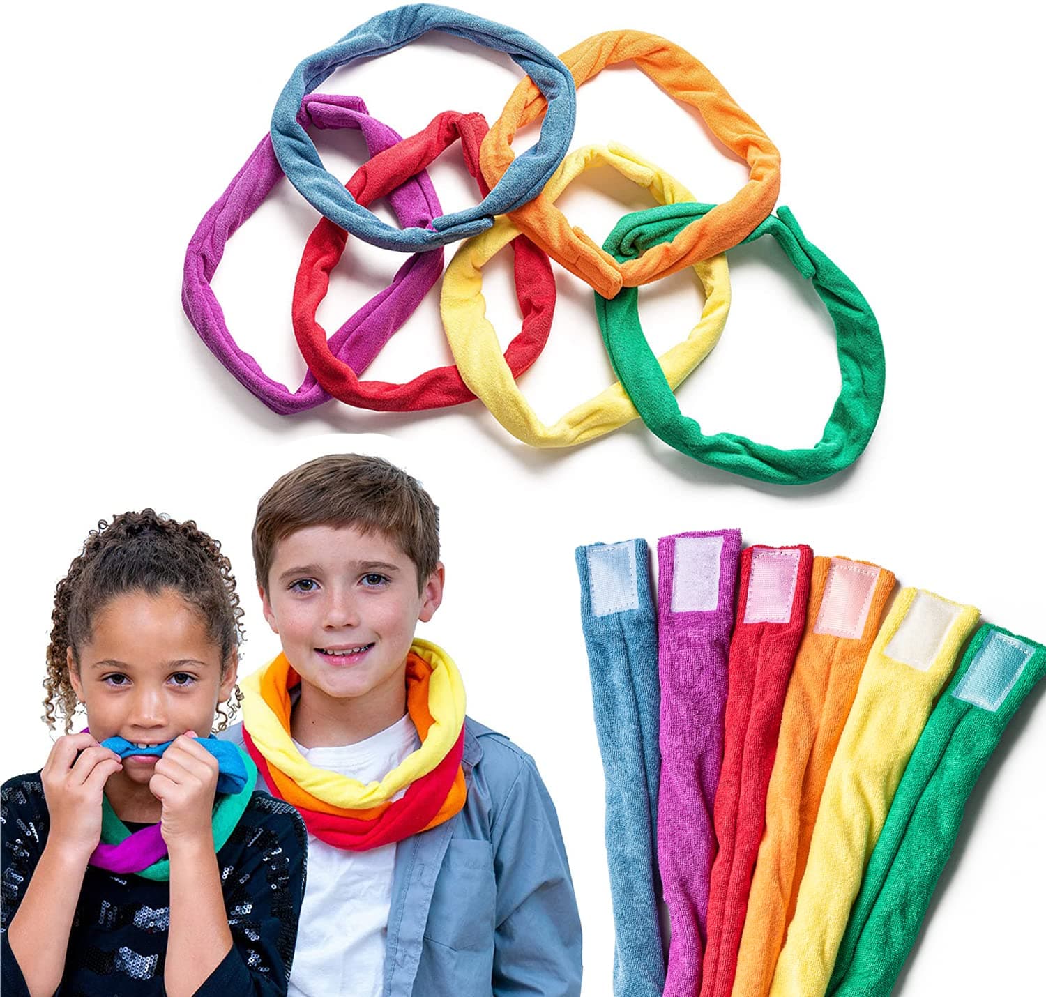 Chew Necklaces for Sensory Kids Boys and Girls, 6 Bands, Soft and Super Absorbent Terry Cloth, Shirt and Clothing Oral Stimulation Alternative, Reusable and Washable