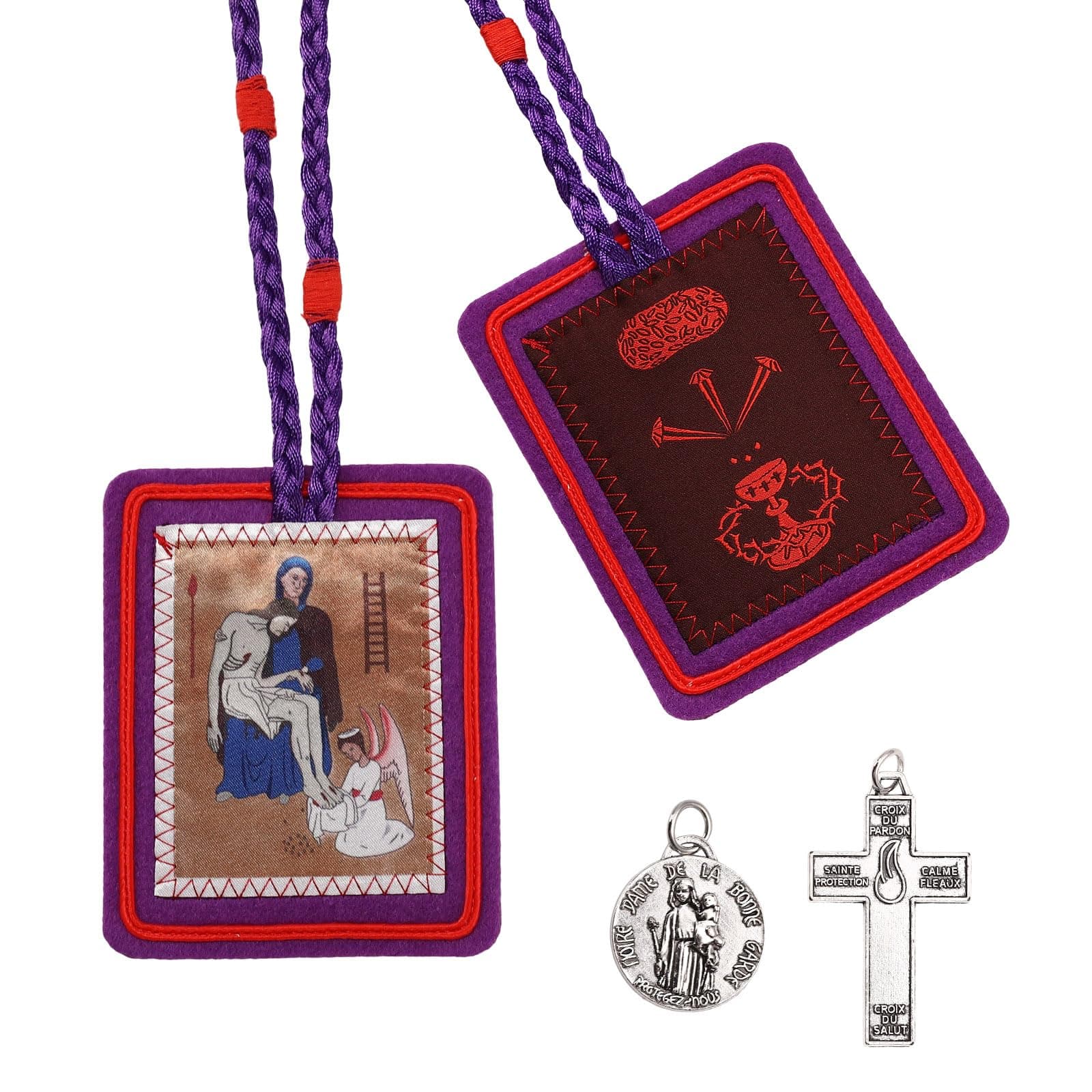 Escapularios Catolicos,Purple Scapular Catholic Marie Julie Jahenny of Benediction with Protection Cross of Forgiveness and Medal of Our Mother of Good Guard,Catholic Scapular Morado Catolico