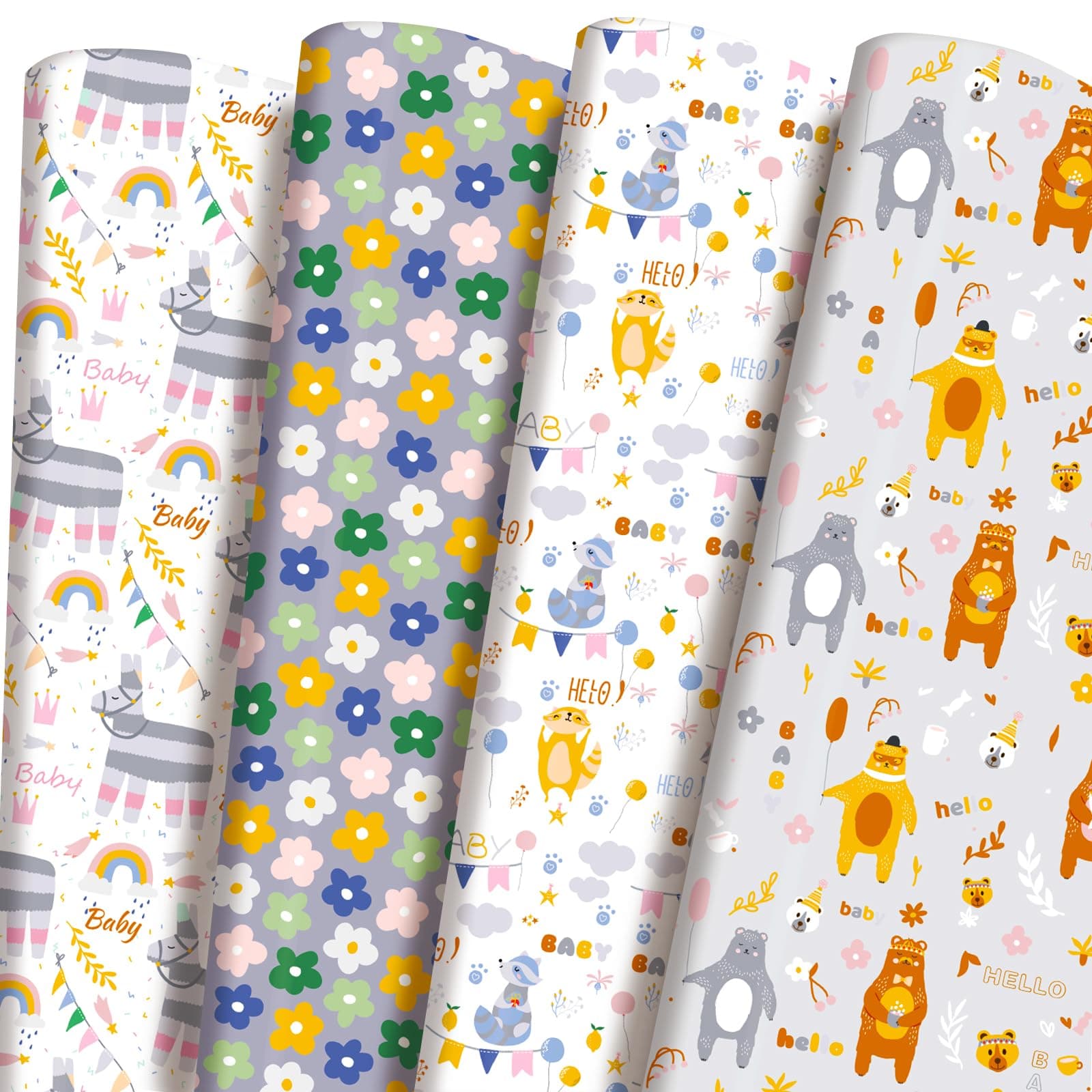 PlandRichW Baby Shower Wrapping - 12 Folded Sheets for Babies, Girls & Boys - Cute Raccoons, Animals, Flowers, Letters - 20 X 29 Inches