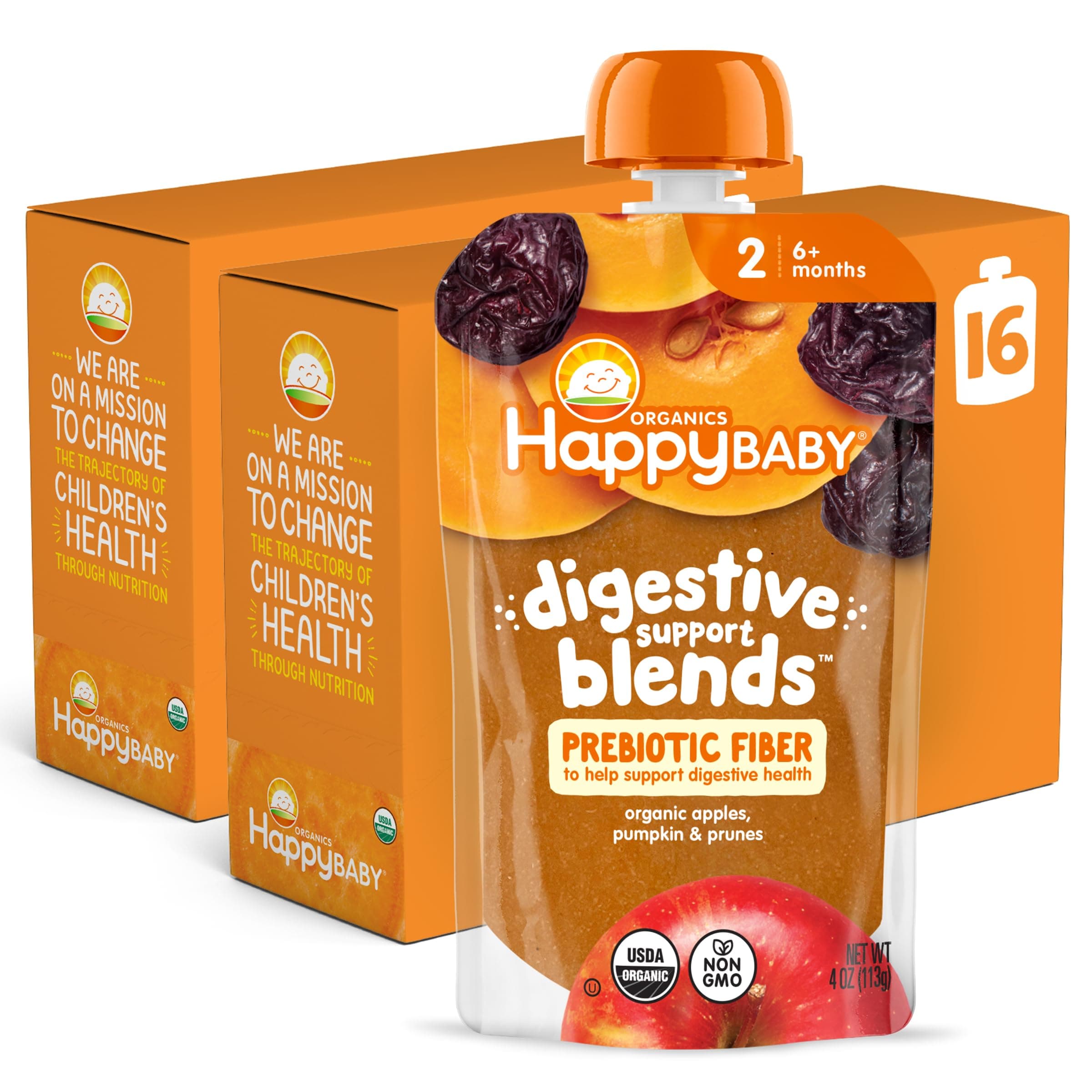 Happy Baby Digestive Support Blends, Organic Stage 2 Baby Food with Prebiotic Fiber, Apple, Pumpkin & Prune, 4 Ounce Pouch (Pack of 16)