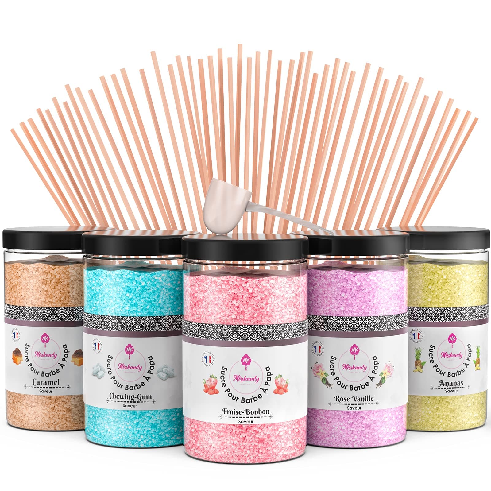Misskandy-Candy Floss Sugar Pack (5 * 300g) (Strawberry candy, vanilla rose, chewin gum, pineapple, caramel) Use in Cotton Candy Maker +50 Sticks of 30cm