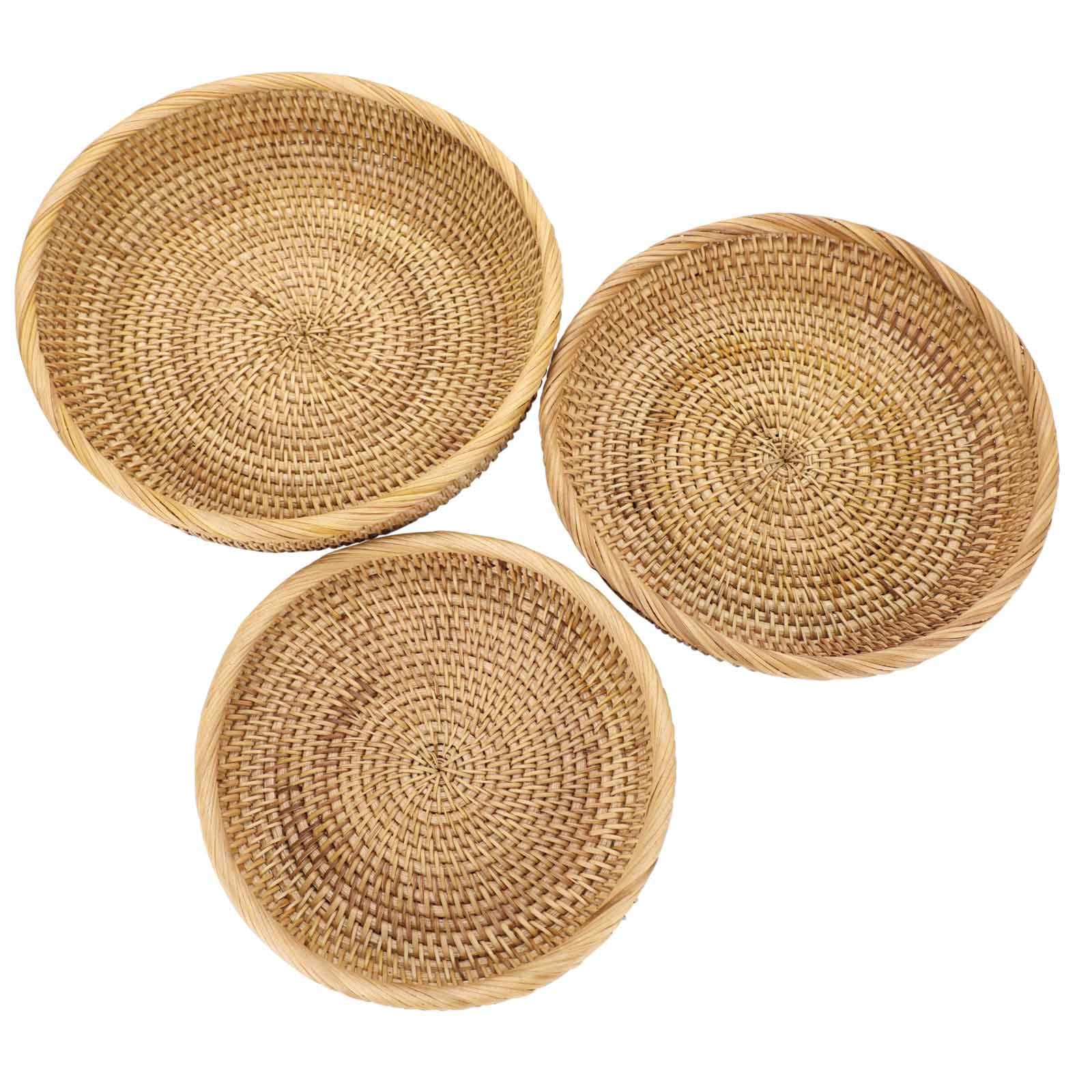 Hipiwe Set of 3 Rattan Woven Fruit Basket Bowl - Handmade Wicker Food Vegetable Storage Tray Snack Organizer Bowl Breakfast Serving Tray Holder for Dinning Room Kitchen Home Decor Tray