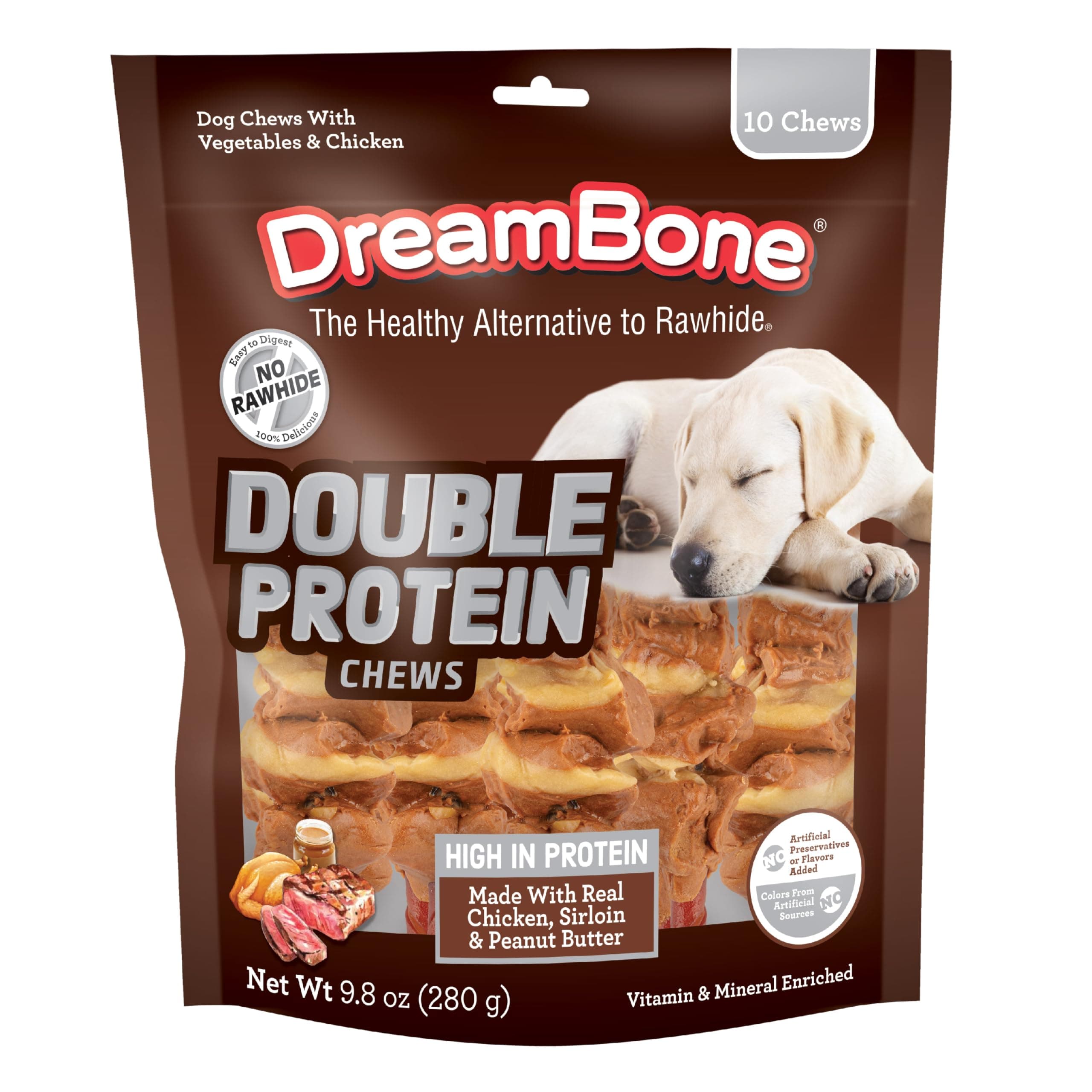 Double Protein Chews Made with Real Chicken, Sirloin and Peanut Butter, 10 Count, Rawhide-Free Chews for Dogs, 9.80 Ounce (Pack of 1)