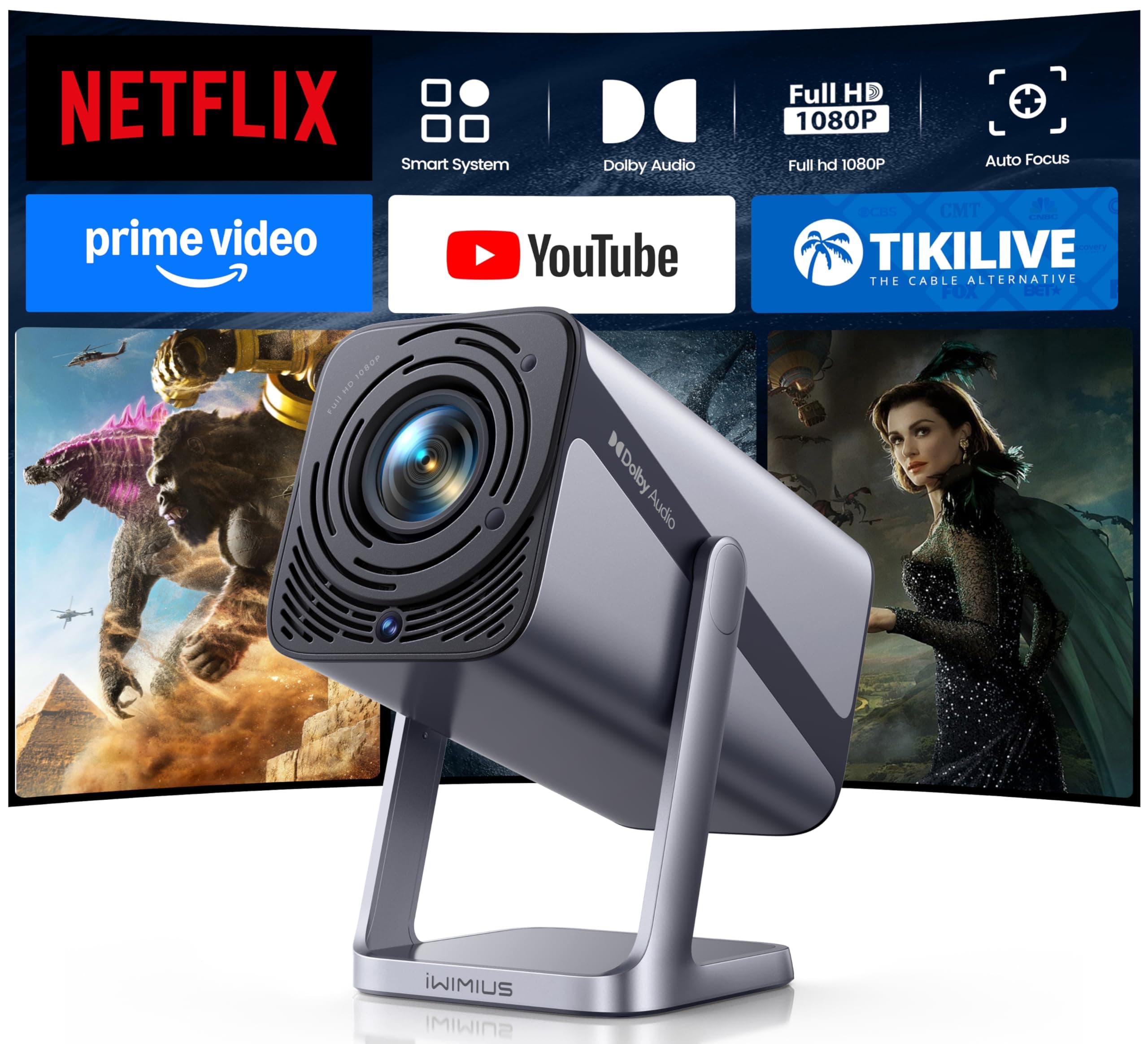 [Built-in Apps & 4K Support & Auto Focus]- Smart Projector with WiFi 6 and 2-Way Bluetooth, Dolby Audio/ Auto Keystone/Zoom,360°Adjustable Stand, iWIMIUS Mini Portable Outdoor Proyector w/ HDMI ARC