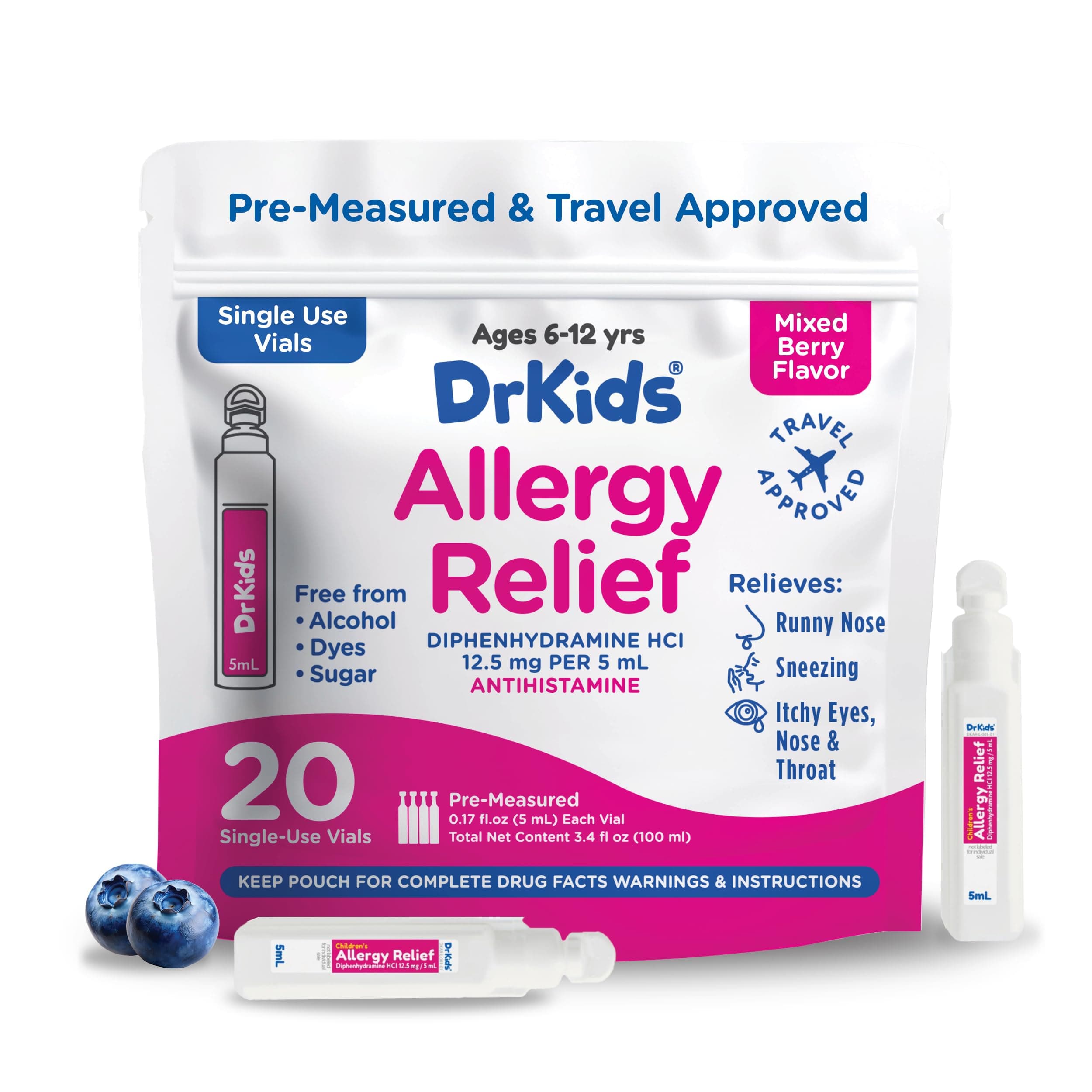 Children's Allergy Relief Medicine with Diphenhydramine, 20 Pre-Measured Single-Use Vials, Mixed Colors