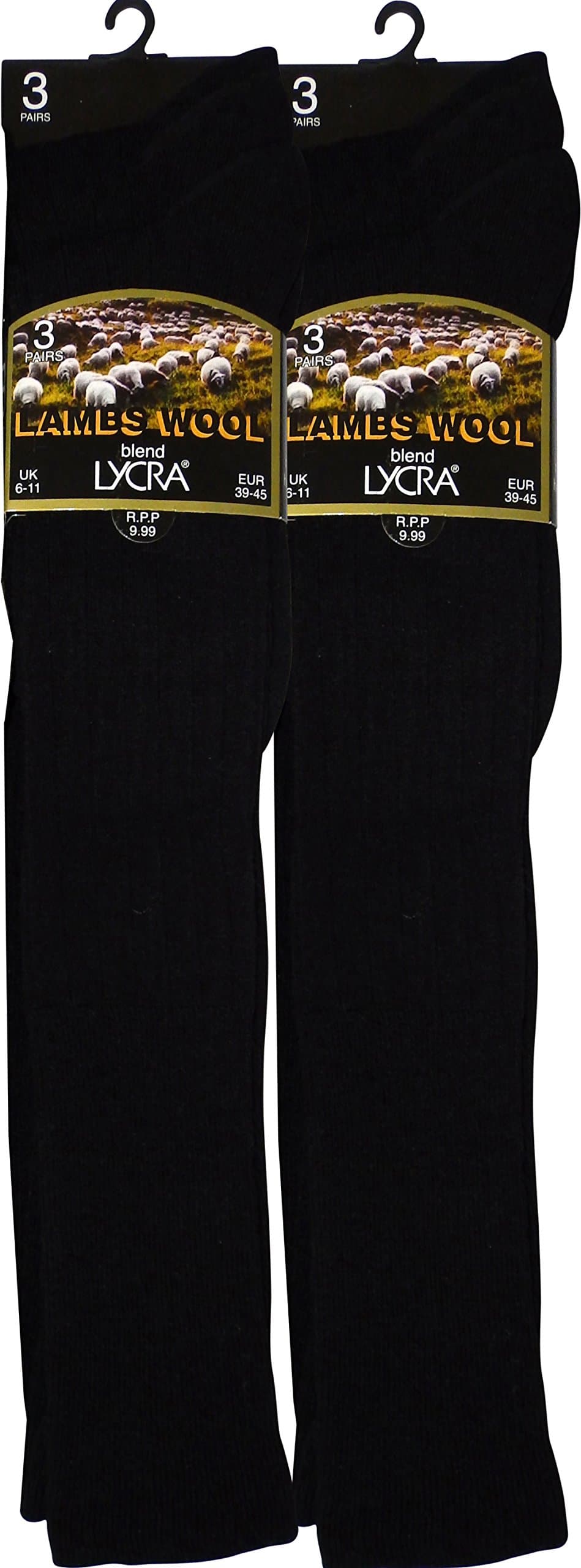 6 pairs Super Luxurious Mens Long, Knee High Lambs Wool blend Lycra Winter Socks (049L-Wool-BLK)