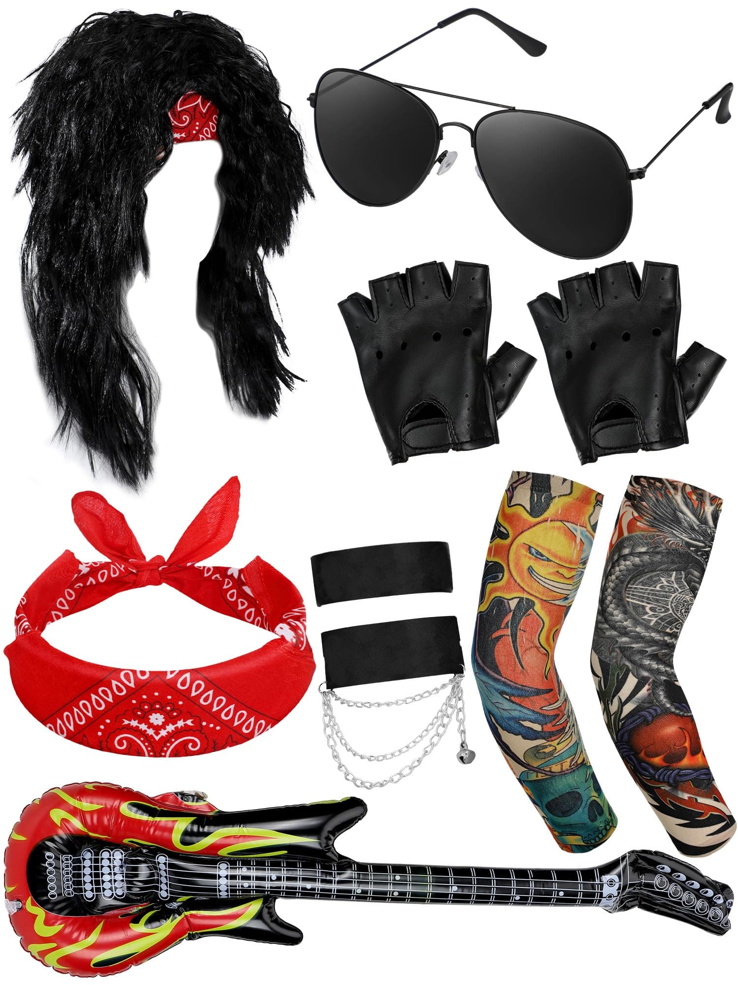 Mepase 80s Rock Costume Set for Women Wig Headband Tattoo Sleeve Gloves Cuff Glasses Inflatable Guitar Punk Rock Party
