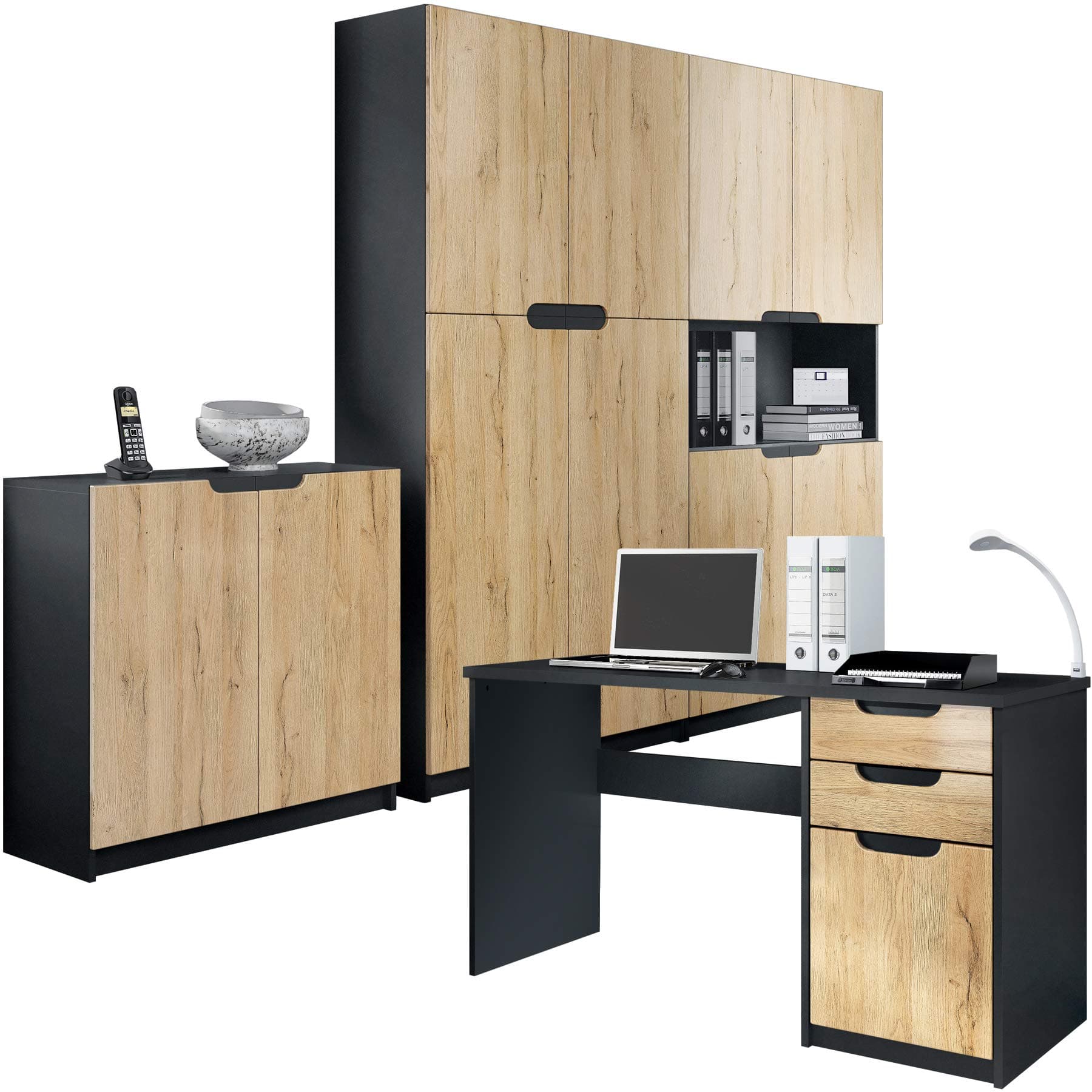 Vladon Office furniture Set Storage Cabinet Cupboard Desk Logan, Carcass in Black matt/Fronts in Oak Nature