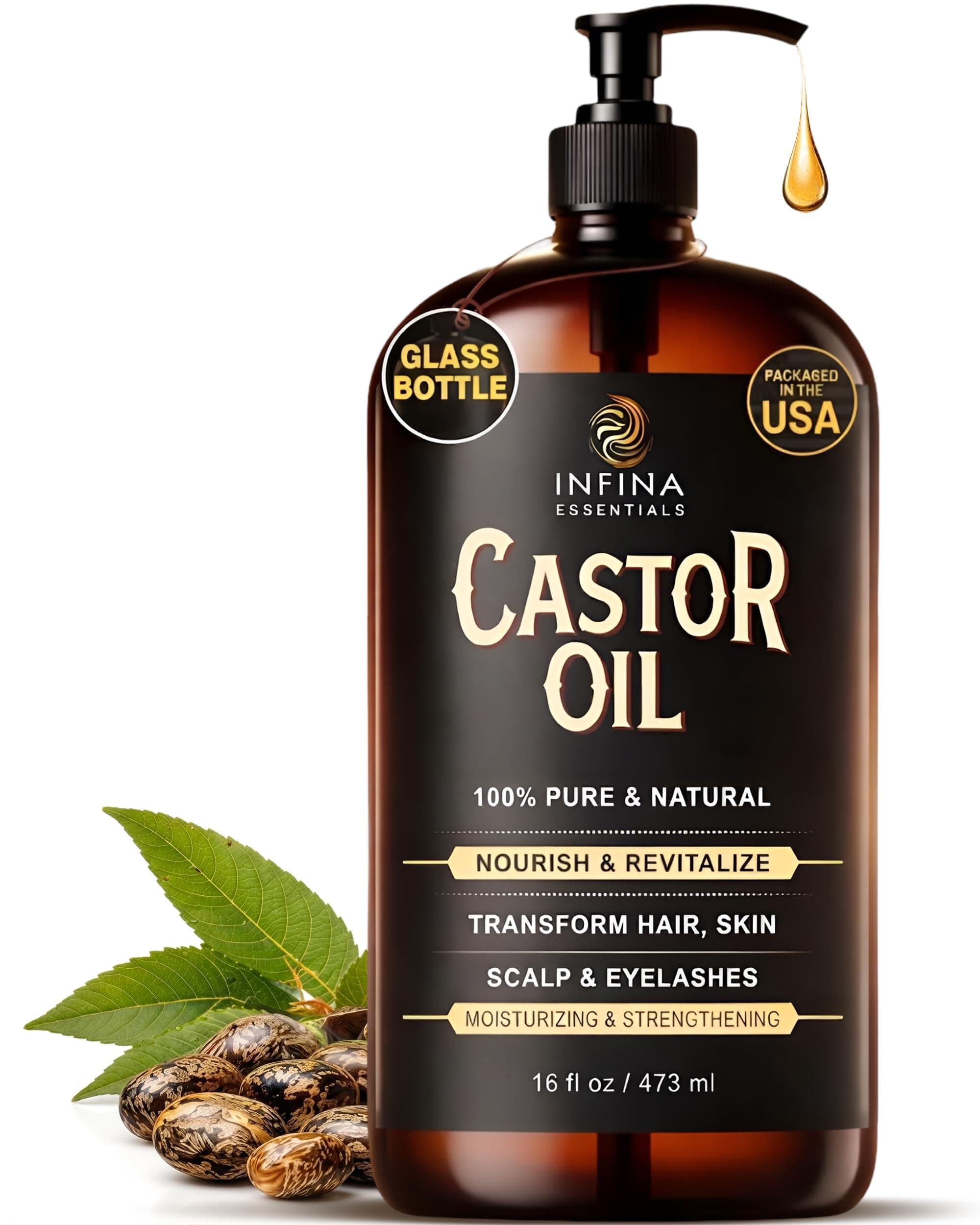 Pure Cold Pressed Castor Oil - Hexane Free, Glass Bottle for Hair Growth, Face, Scalp, Skin & Eyelashes - Nourishing and Moisturizing - 16 fl oz