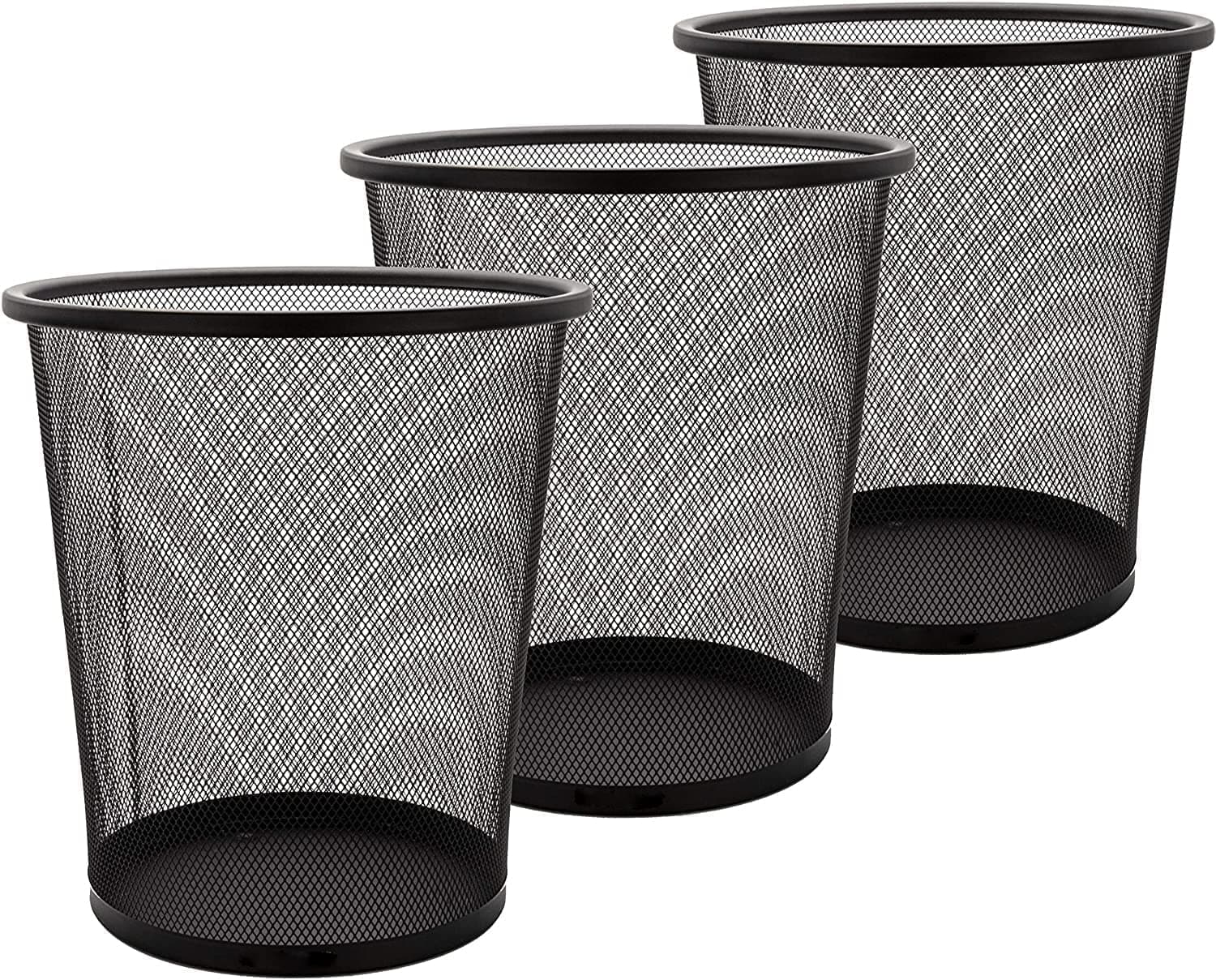 3 Pack Mesh Waste Paper Bin 12 Litres Metal Waste Basket Small Trash Can Rubbish Bin for Bedrooms Bathrooms Office Home Kitchens Supplies, 24 X 26cm Black Circular