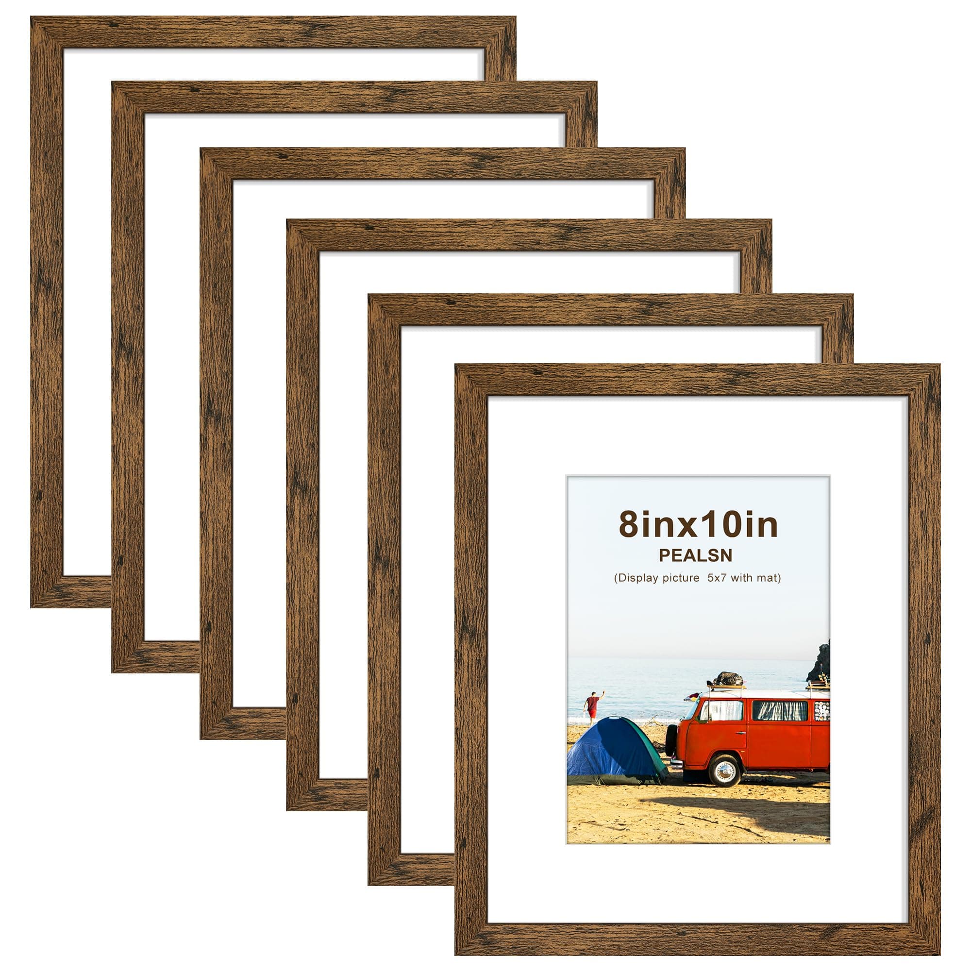 PEALSN 8x10 Picture Frame Set of 6, Display Pictures 5x7 with Mat or 8x10 without Mat for Wall Mounting or Table Top Display, Photo Frames Collage for Wall Decor, Rustic Brown