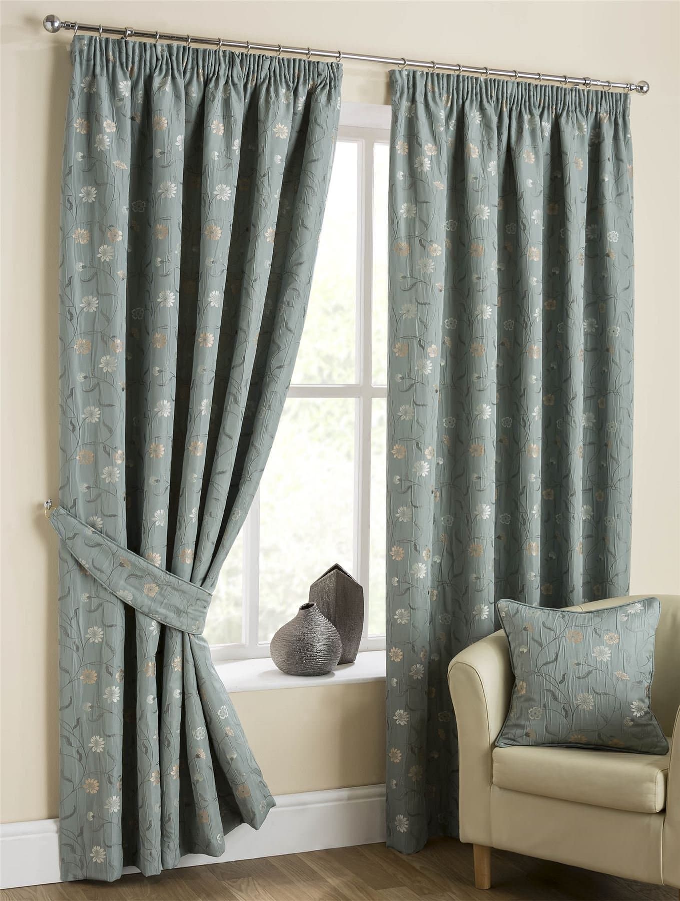 HOMESCAPES Duck Egg Blue Pencil Pleat Jacquard Curtains Pair 117cm (46") Wide x 137cm (54") Drop Classic Chintz Small Floral Tapestry Design