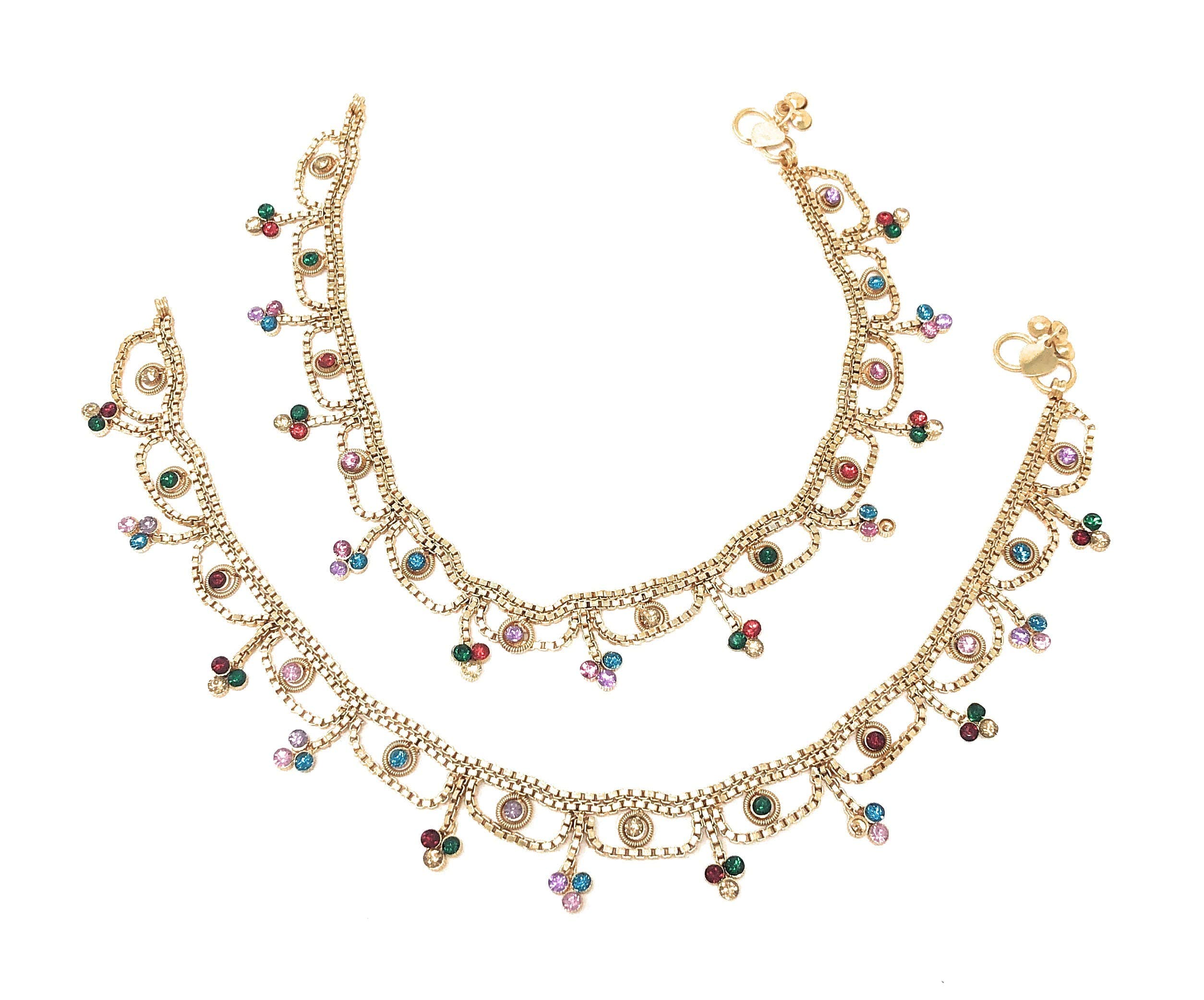 Indian Women’s Bell Chain Anklet Payal Sets, Gold-Tone with Glass Stones, Pearl, and Multicolor Charm Clusters, Easy-to-Wear S-Hook Clasp, Perfect for Bridal, Party, Beach, and Gifts