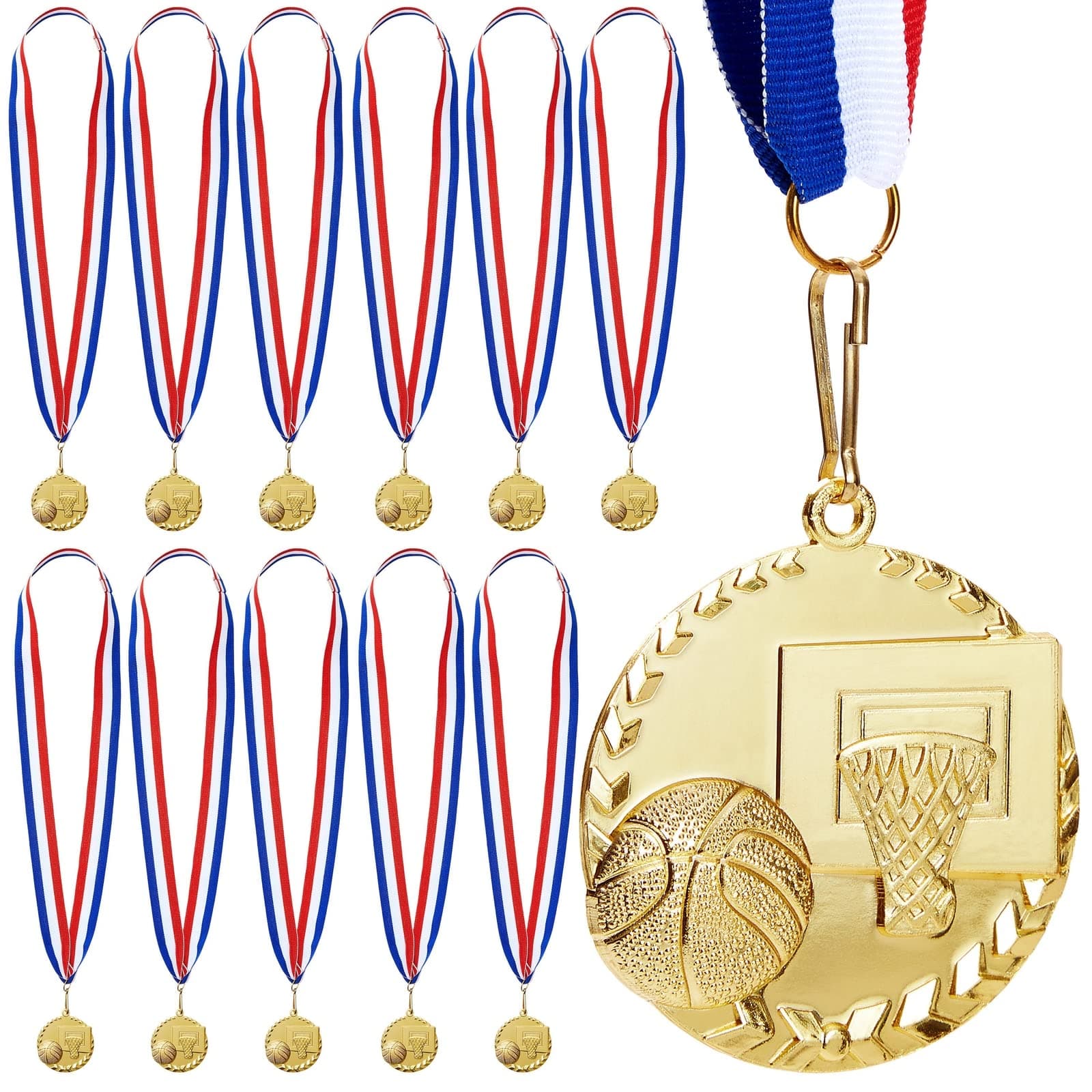 Juvale 12 Pack Award Medals for Adults - Team Participation Trophies with Red, White, and Blue Striped Ribbon, Sports Themed Party Favors (2 in, Metal, Gold)