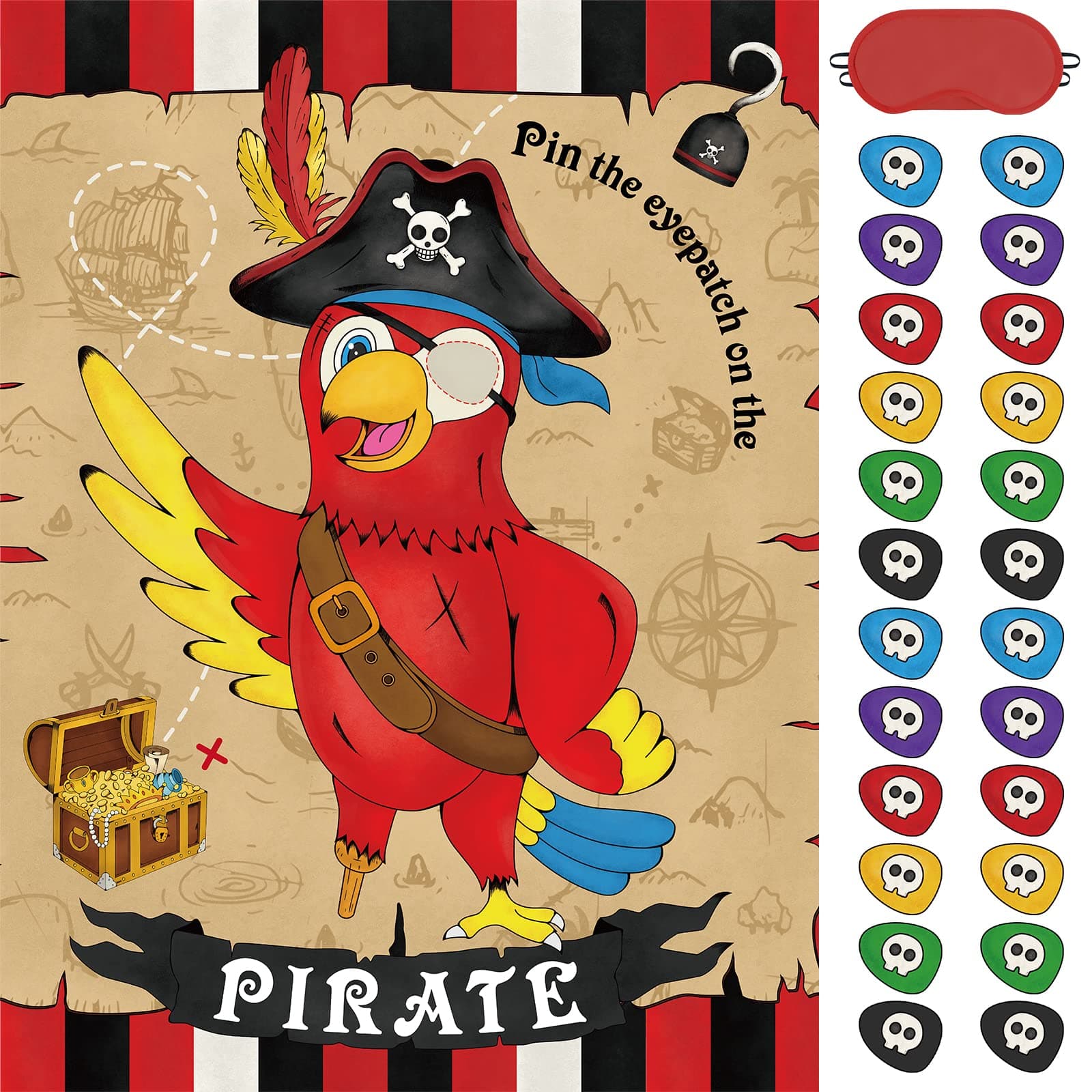 WERNNSAI Pin The Eye Patch on The Pirate - Kids Birthday Party Games Pirate Party Decorations for Kids Boys 28'' x 21'' Parrot Poster with 24 PCS Stickers Halloween Birthday Party Favor
