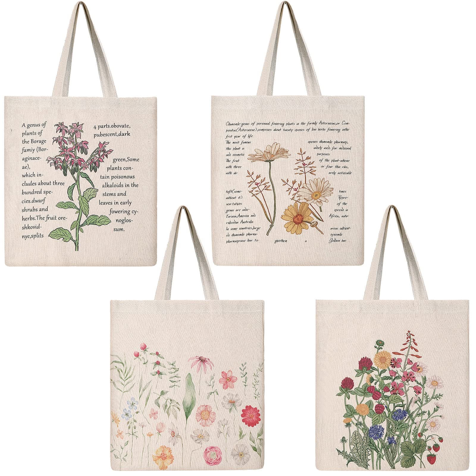 Saintrygo 4 Pieces Canvas Flowers Bible Tote Bag Gift Beautiful Floral Aesthetic Reusable Tote Bag Grocery School Book Lover Makeup Pocket for Girls Women Teacher(Flower)