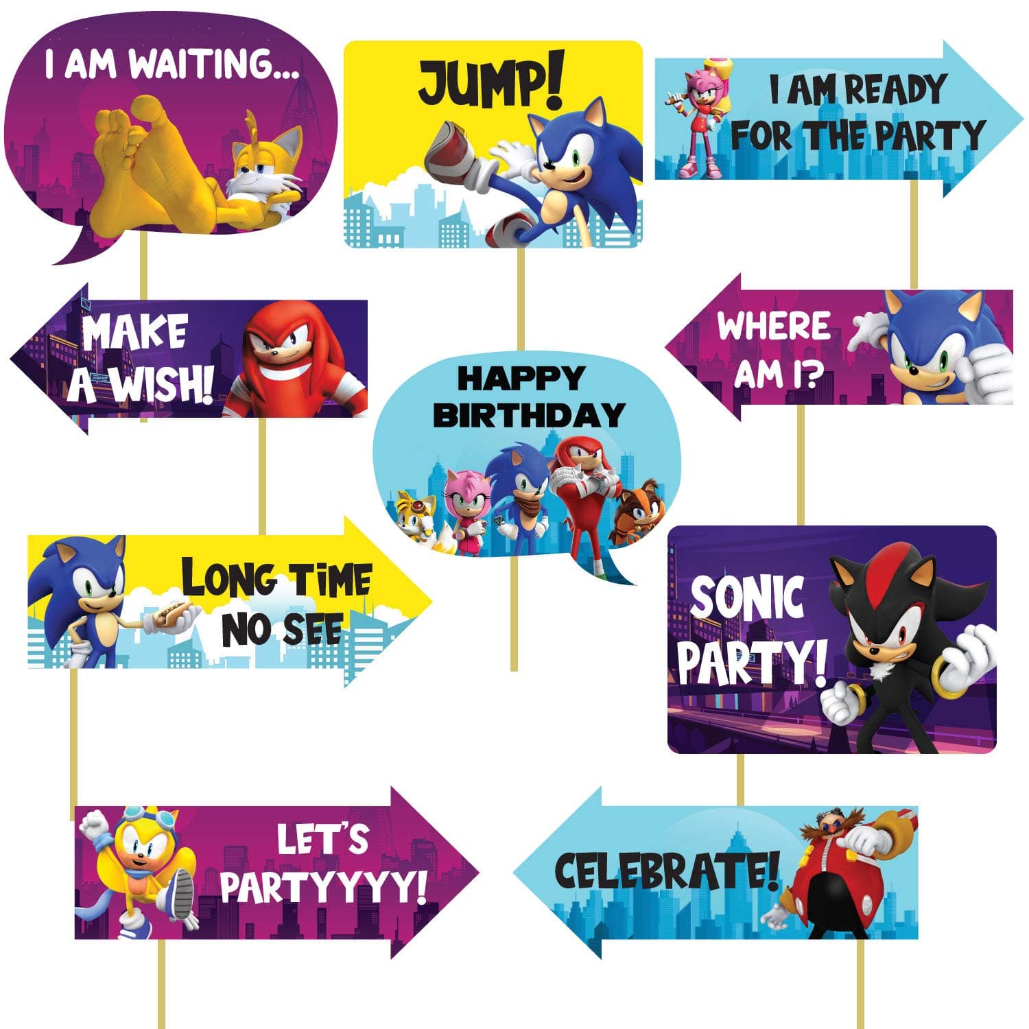 Festiko Sonic Birthday Theme Photo Booth Props - 10 Pieces, Paper & Wood, Sonic-Birthday-Props Color, Perfect for Sonic Theme Birthday Party