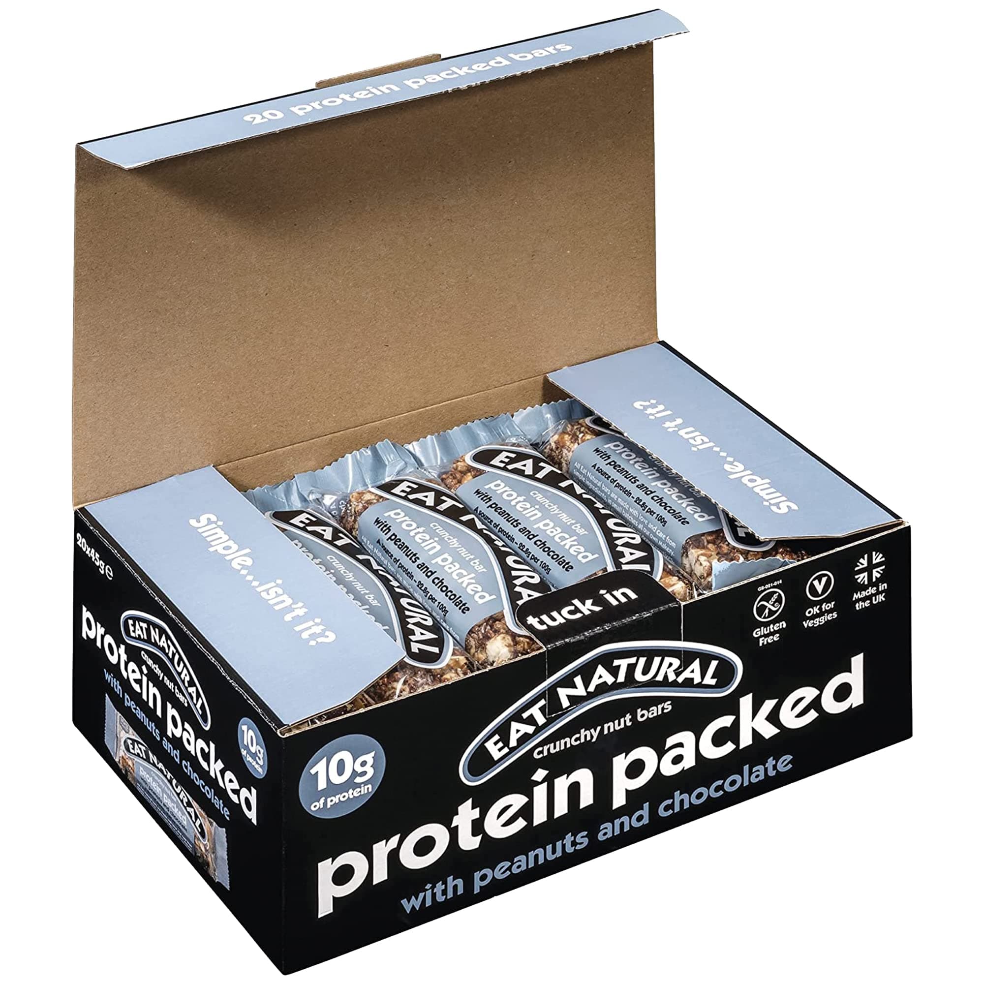 Eat Natural Protein Bars, Protein Packed Peanuts & Chocolate Nut Bar — 20 x 45g Snack Bars, Gluten Free Cereal Bars — Seriously Crunchy Snacks With Soya Crispies, Shredded Coconut