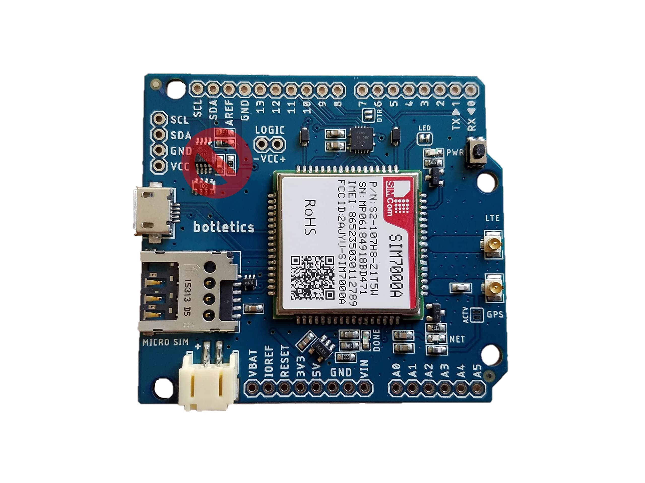 Botletics SIM7000 LTE CAT-M1 NB-IoT Cellular + GPS + Antenna Shield Kit for Arduino (SIM7000A)
